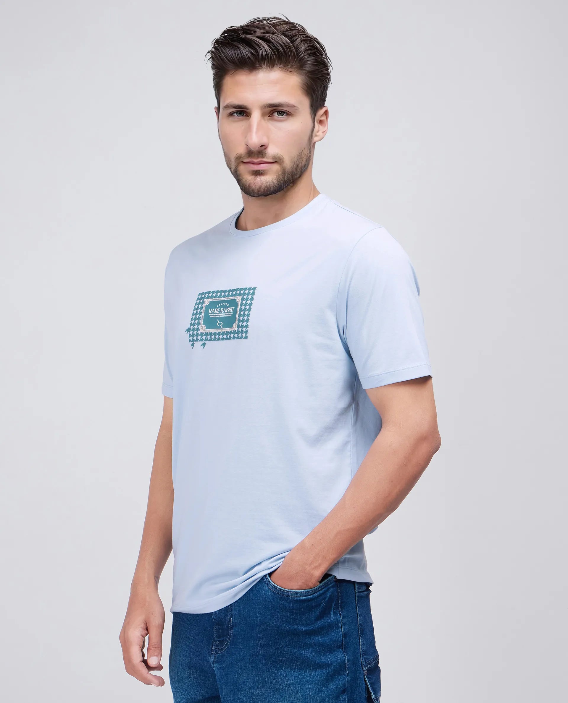 Rare Rabbit Men Jed Dusky Blue Cotton Lycra Fabric Short Sleeve Crew Neck Slip-On Graphic Print T-Shirt