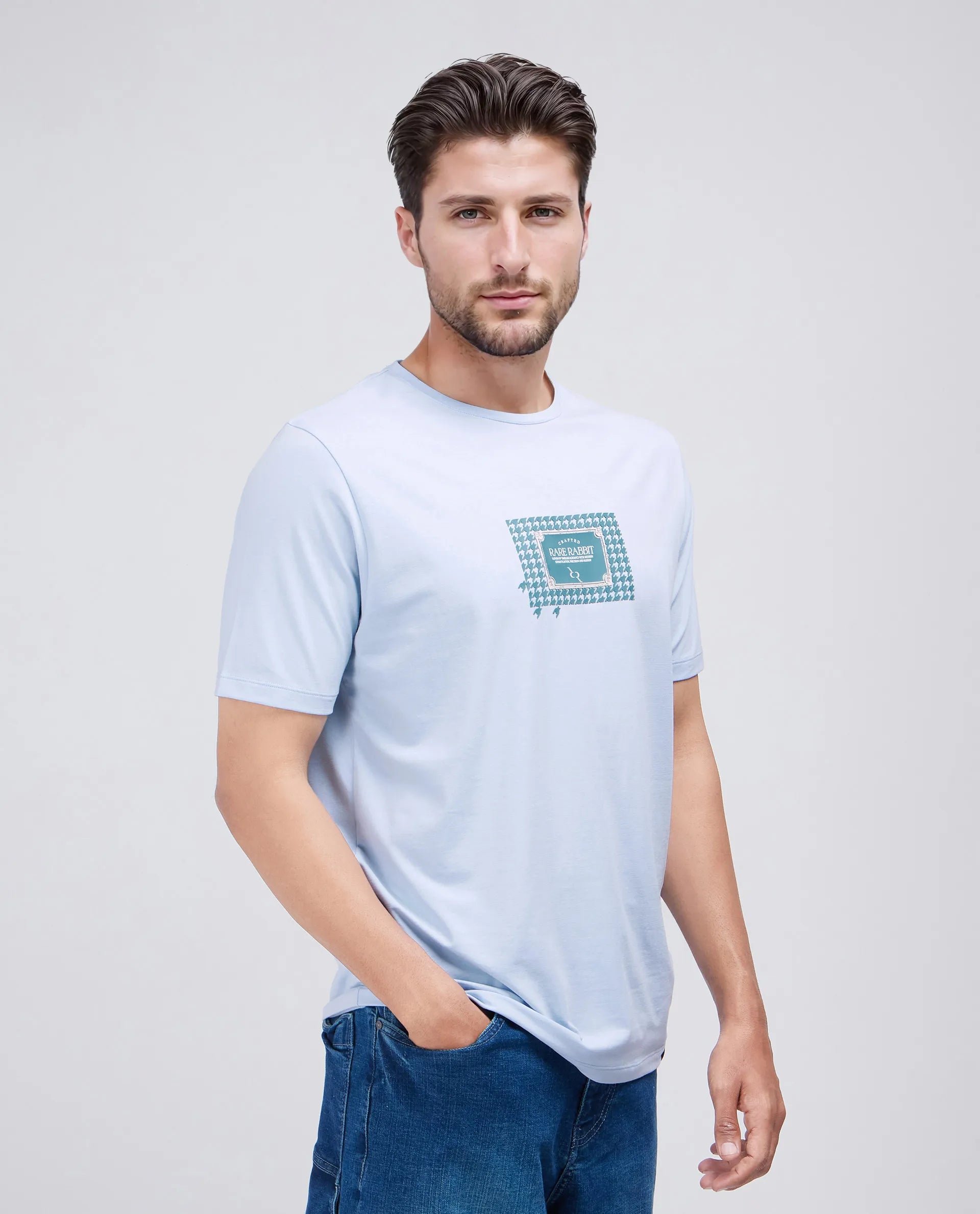 Rare Rabbit Men Jed Dusky Blue Cotton Lycra Fabric Short Sleeve Crew Neck Slip-On Graphic Print T-Shirt