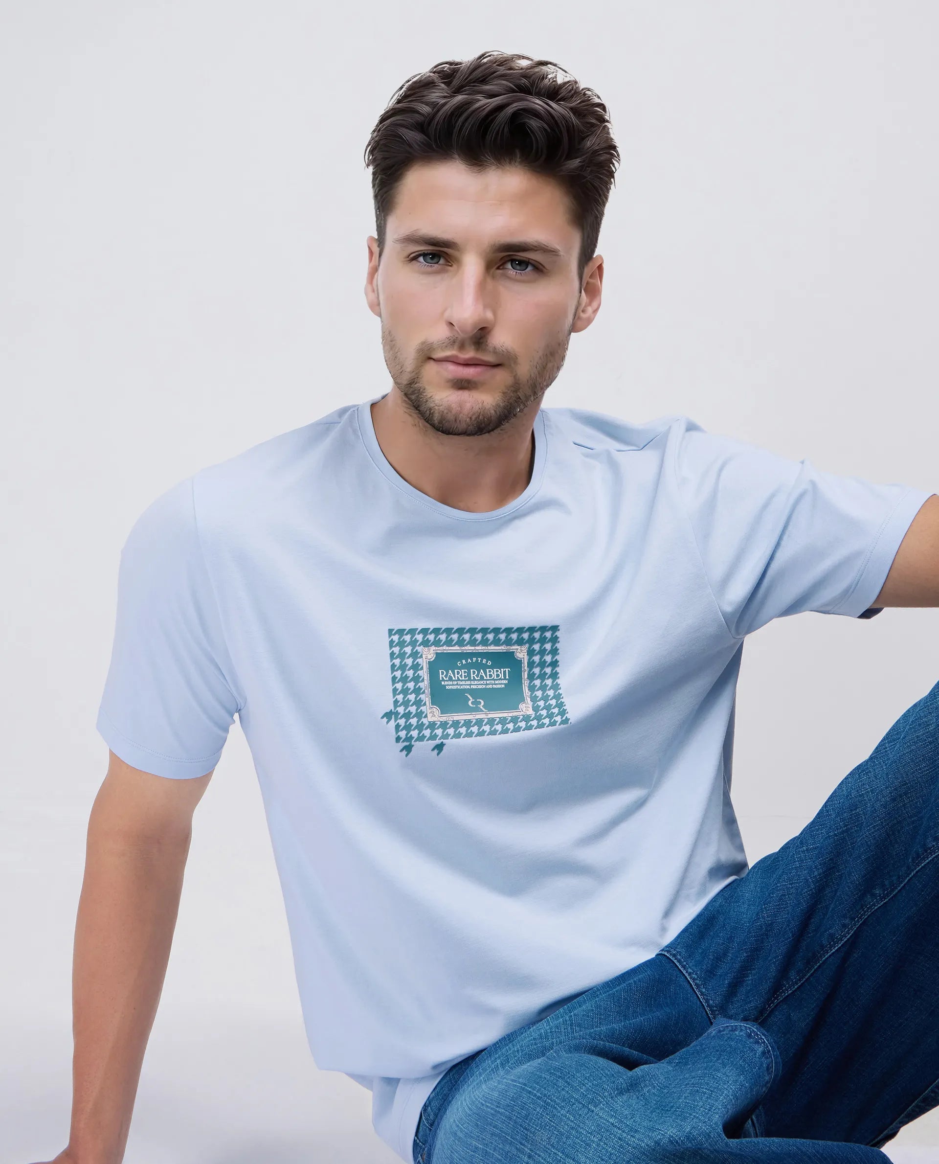 Rare Rabbit Men Jed Dusky Blue Cotton Lycra Fabric Short Sleeve Crew Neck Slip-On Graphic Print T-Shirt