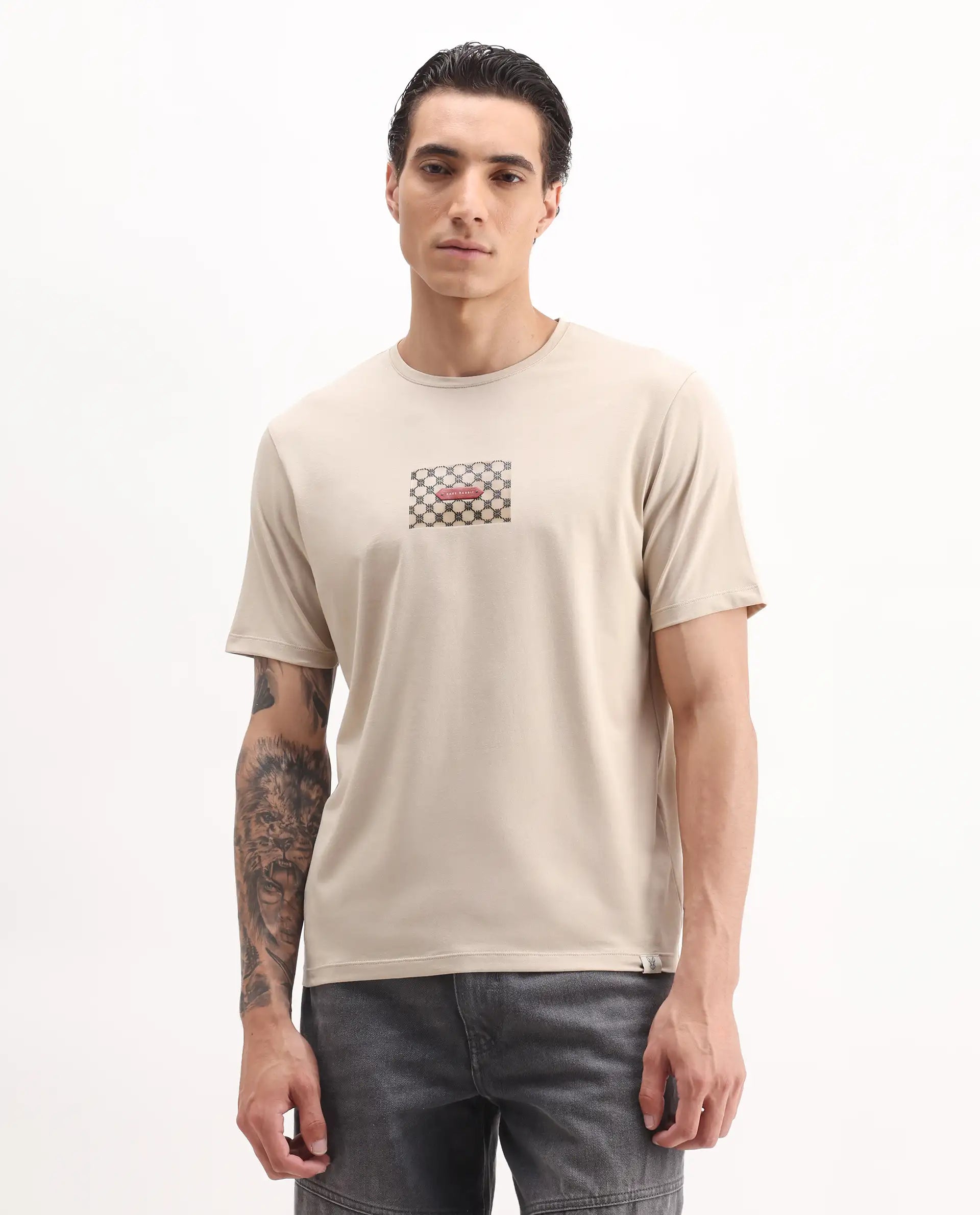 Rare Rabbit Men's Jedy Beige Cotton Blend Graphic Print Regular Fit Half Sleeve Crew Neck T-Shirt