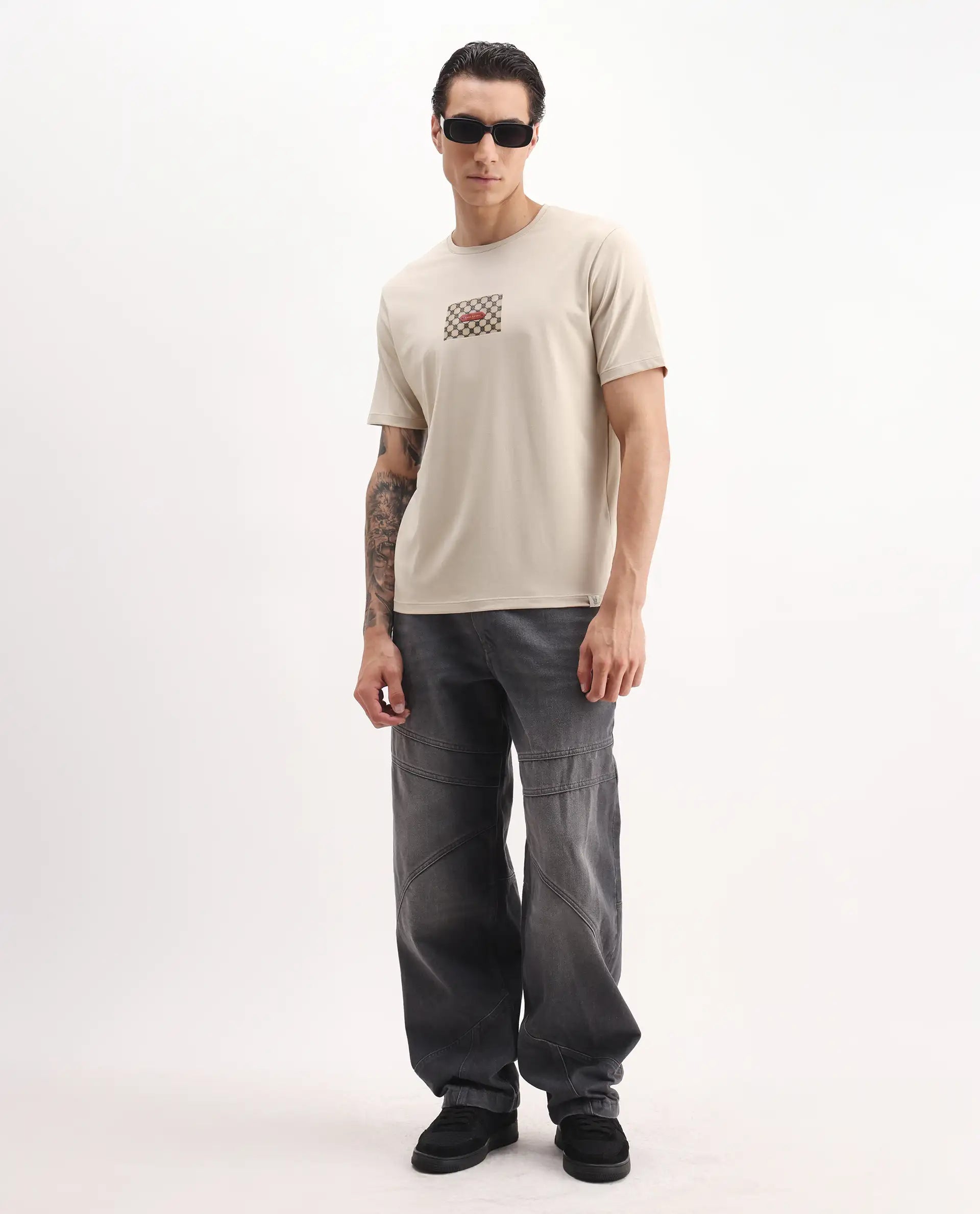 Rare Rabbit Men's Jedy Beige Cotton Blend Graphic Print Regular Fit Half Sleeve Crew Neck T-Shirt