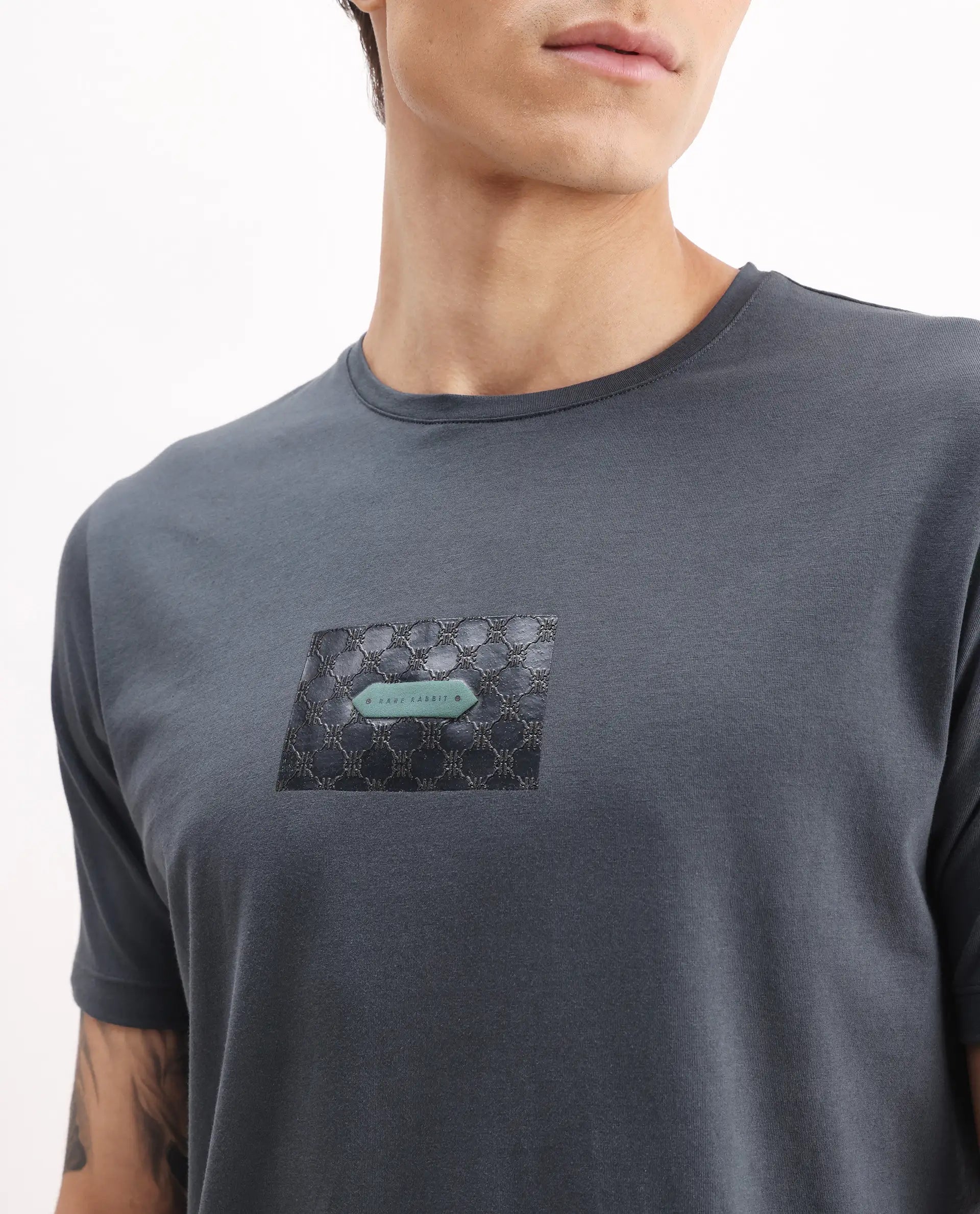 Rare Rabbit Men's Jedy Dusky Blue Cotton Blend Graphic Print Regular Fit Half Sleeve Crew Neck T-Shirt