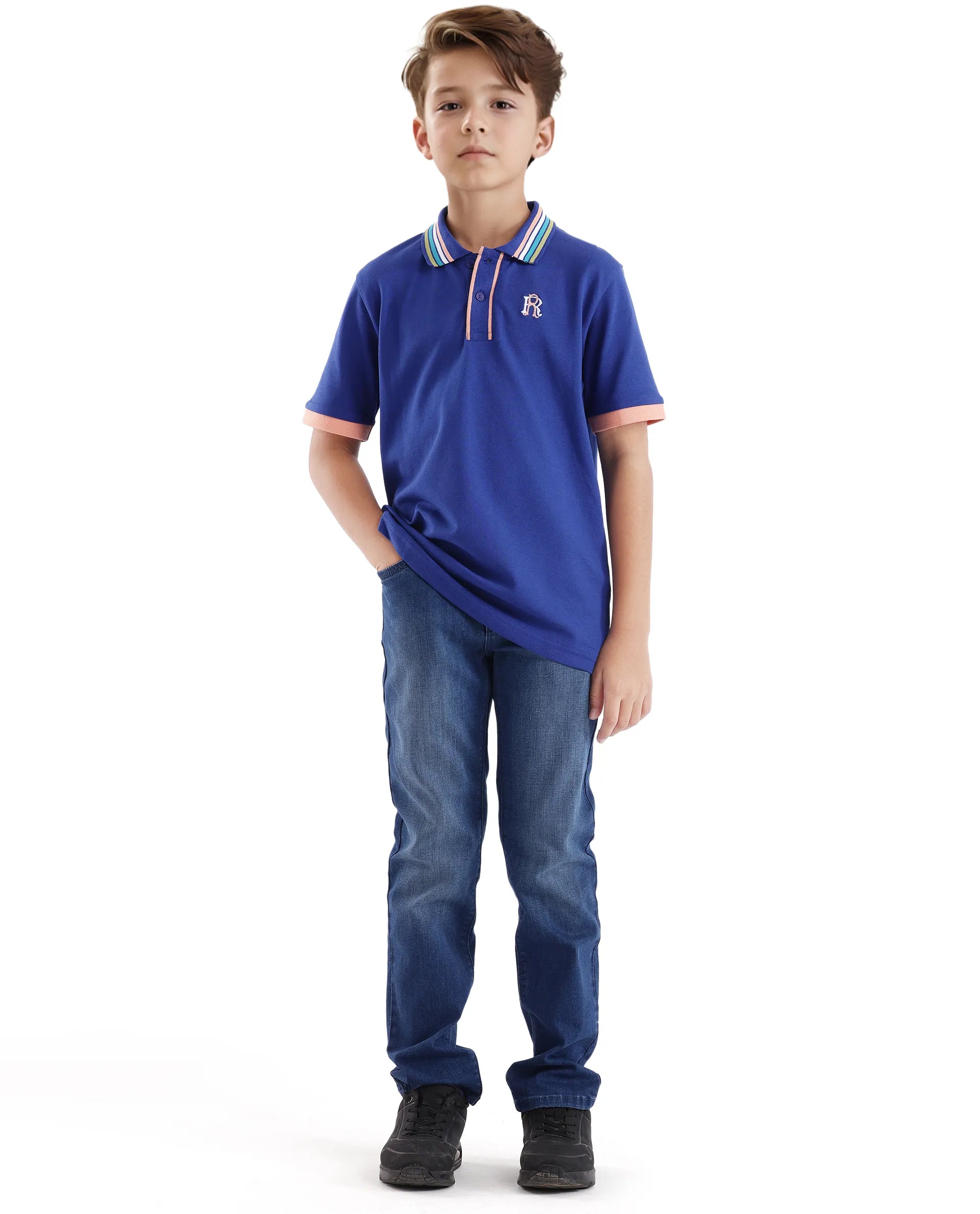 Rare Ones Kids Jef Dark Blue Cotton Short Sleeve Embroidered Polo