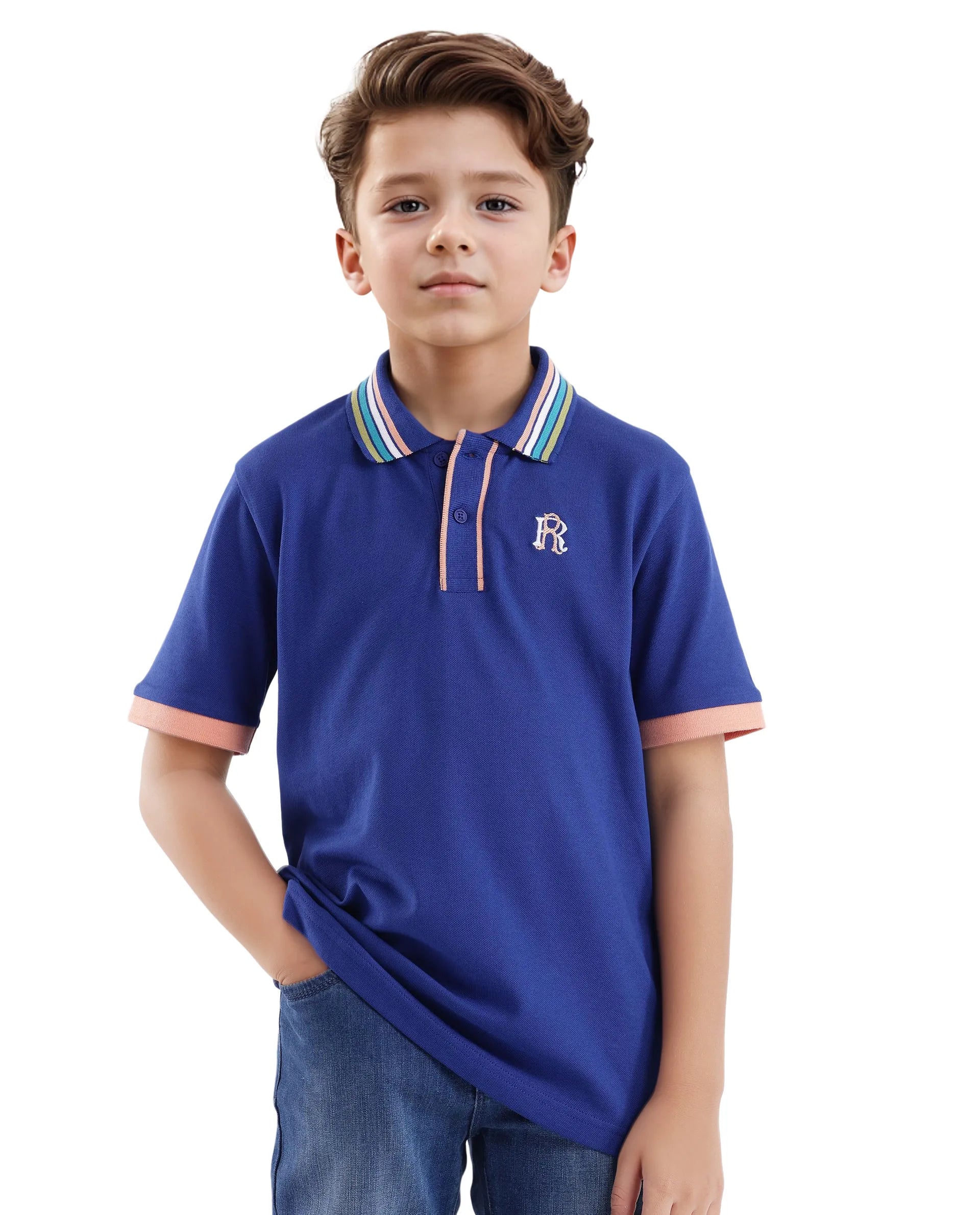 Rare Ones Kids Jef Dark Blue Cotton Short Sleeve Embroidered Polo