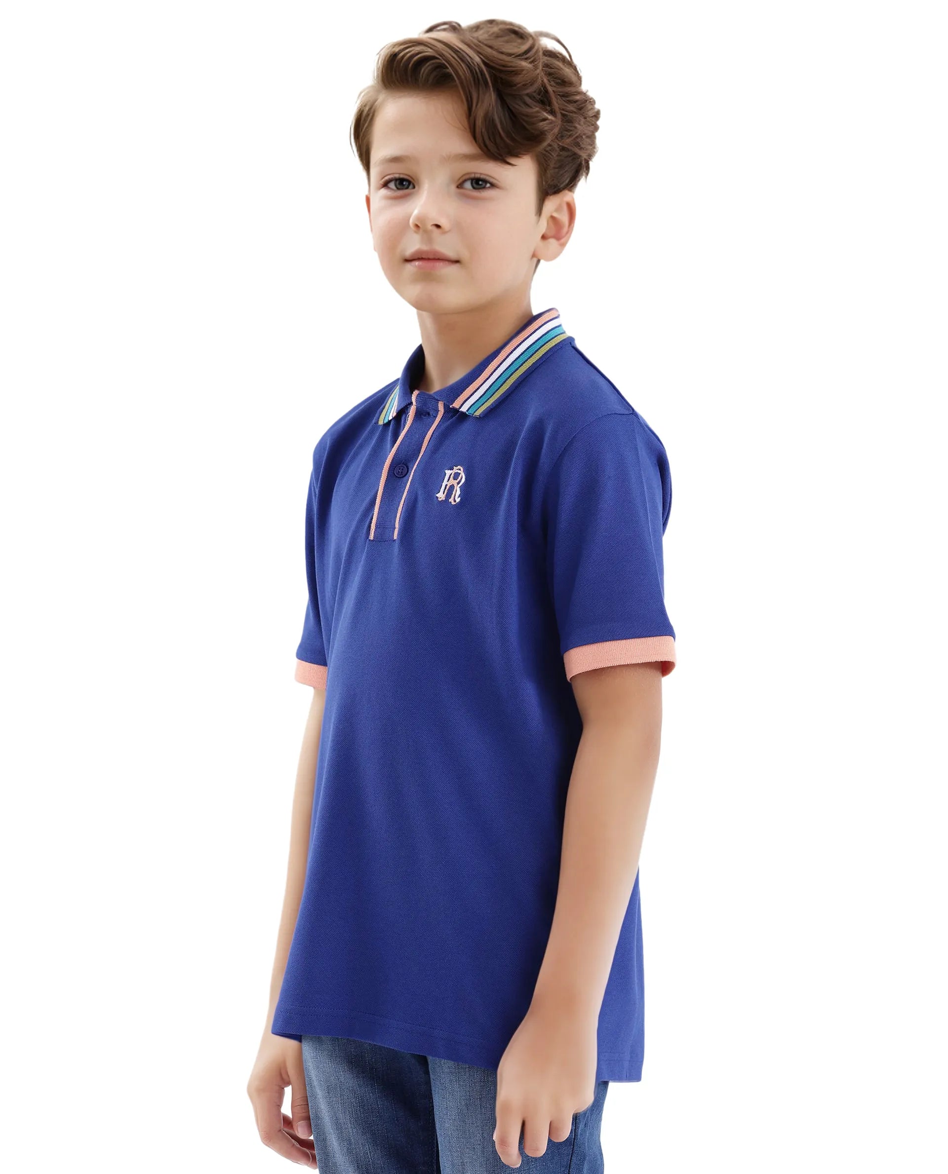 Rare Ones Kids Jef Dark Blue Cotton Short Sleeve Embroidered Polo