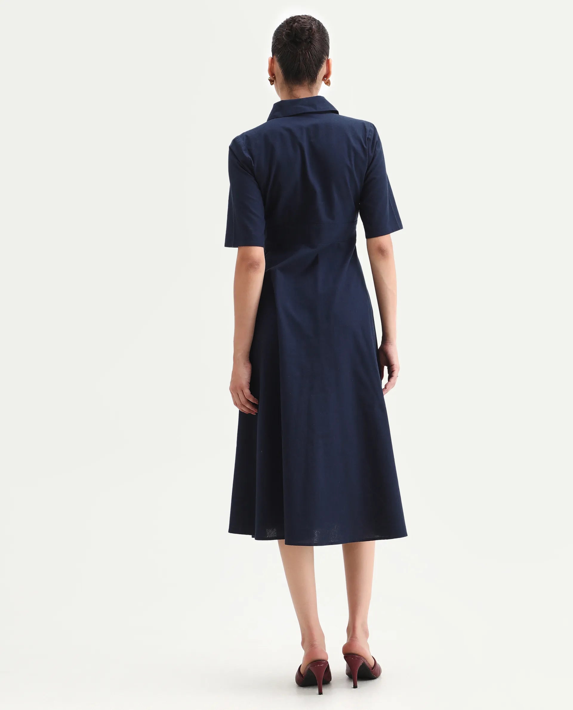 Rareism Women's Jefo Navy Cotton Collared Neck Fit And Flare Plain Midi Dress