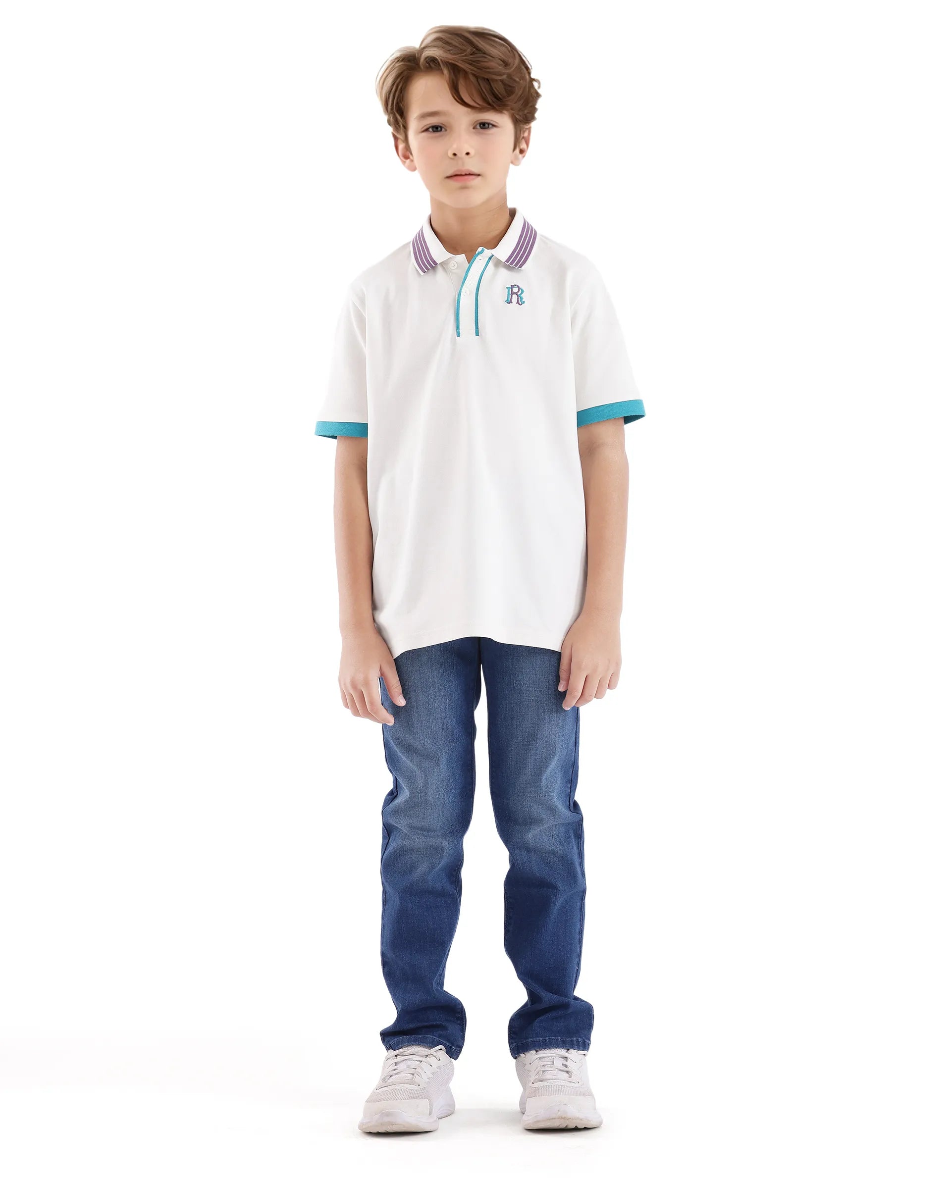 Rare Ones Kids Jef White Cotton Short Sleeve Contrasting Collar Solid Polo