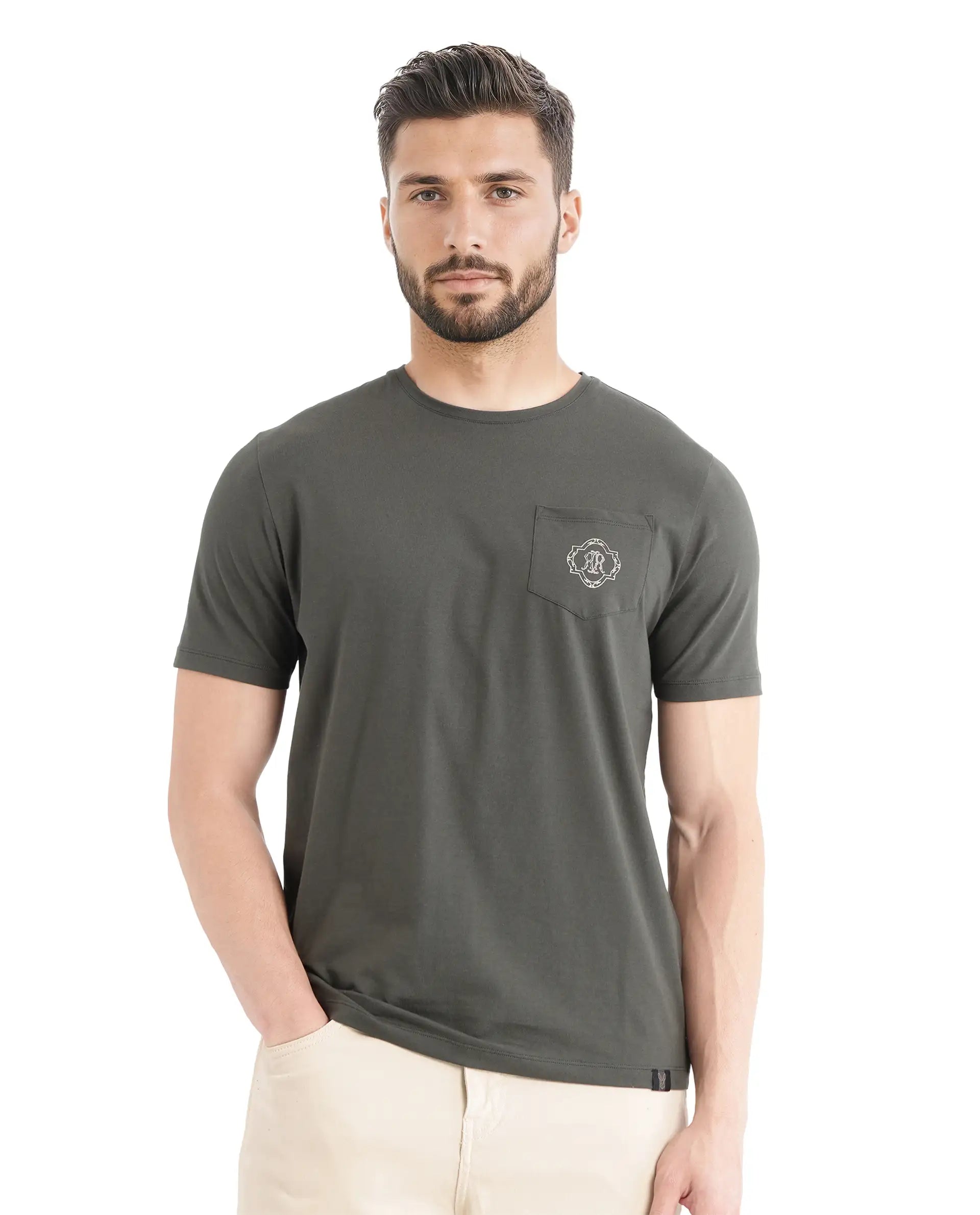 Rare Rabbit Men Jeko Dark Green Cotton Blend Fabric Short Sleeve Crew Neck Embroidered Pocket Placement T-Shirt