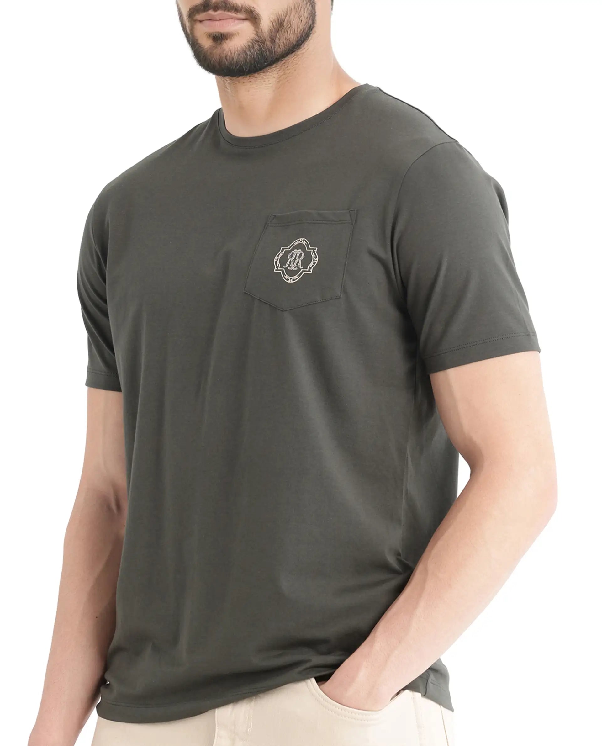 Rare Rabbit Men Jeko Dark Green Cotton Blend Fabric Short Sleeve Crew Neck Embroidered Pocket Placement T-Shirt