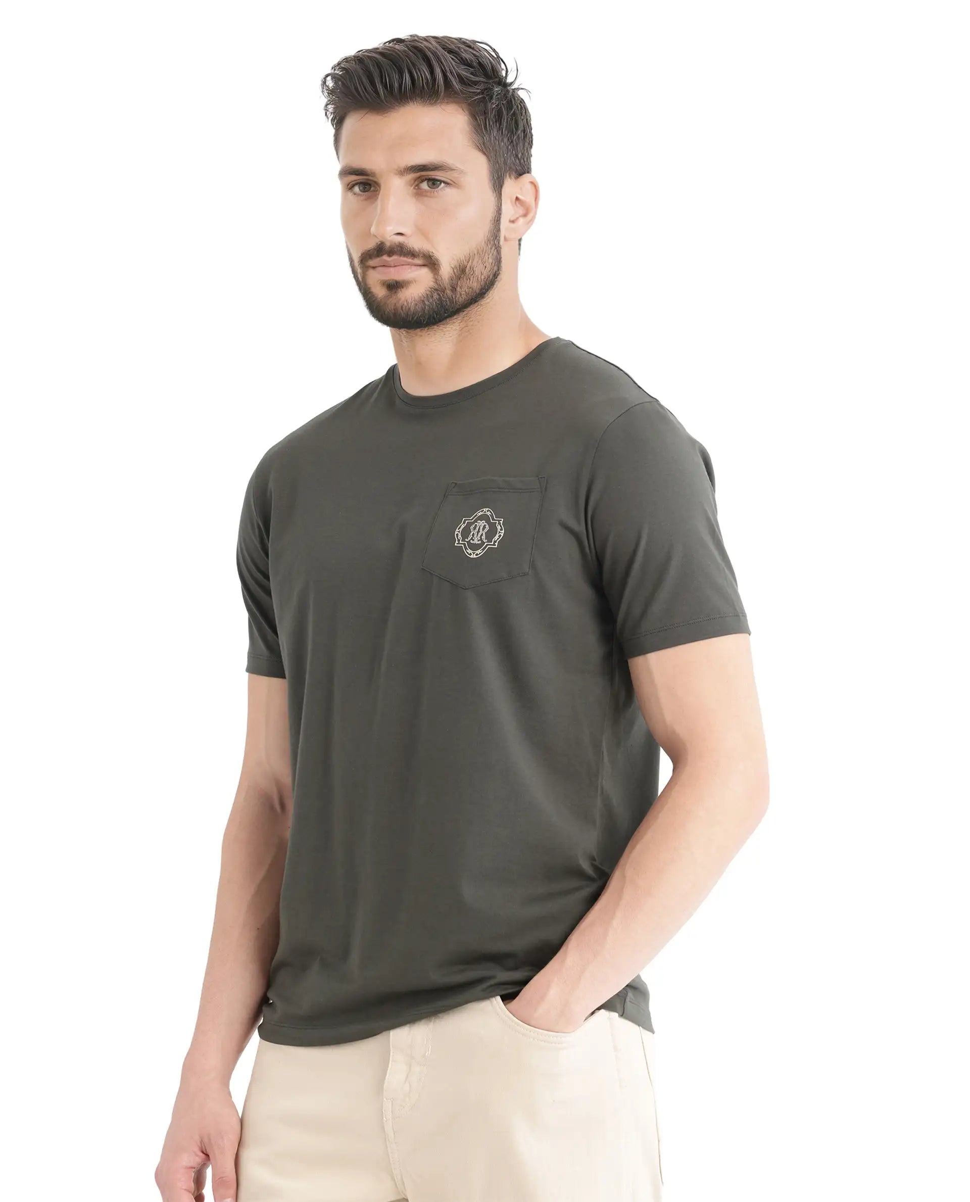Rare Rabbit Men Jeko Dark Green Cotton Blend Fabric Short Sleeve Crew Neck Embroidered Pocket Placement T-Shirt