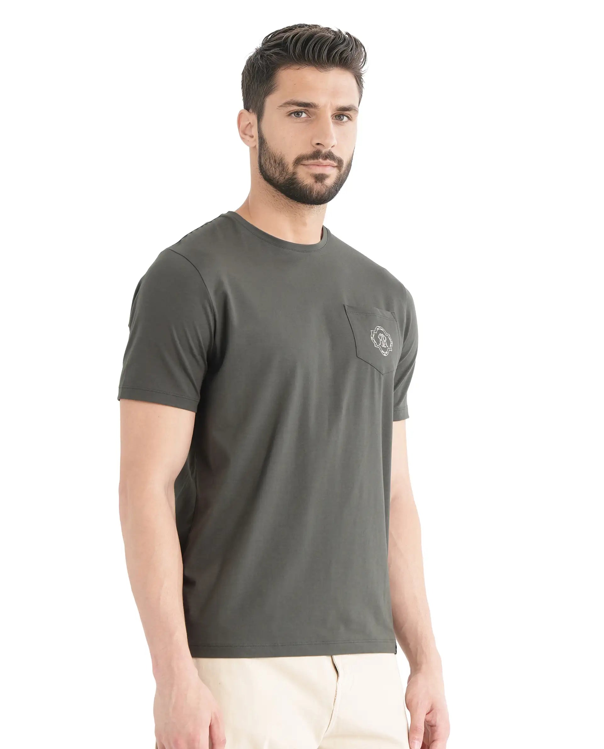Rare Rabbit Men Jeko Dark Green Cotton Blend Fabric Short Sleeve Crew Neck Embroidered Pocket Placement T-Shirt