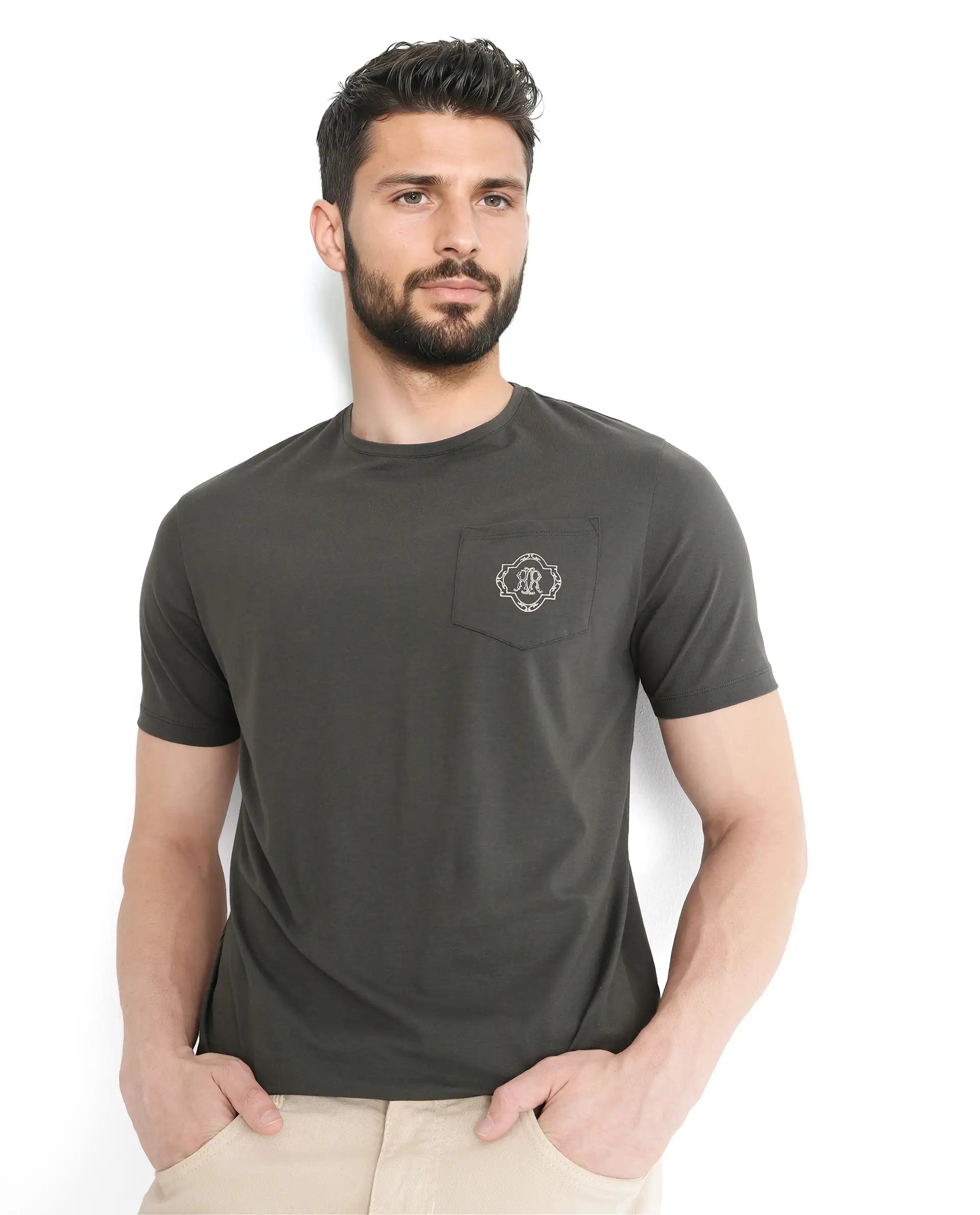 Rare Rabbit Men Jeko Dark Green Cotton Blend Fabric Short Sleeve Crew Neck Embroidered Pocket Placement T-Shirt