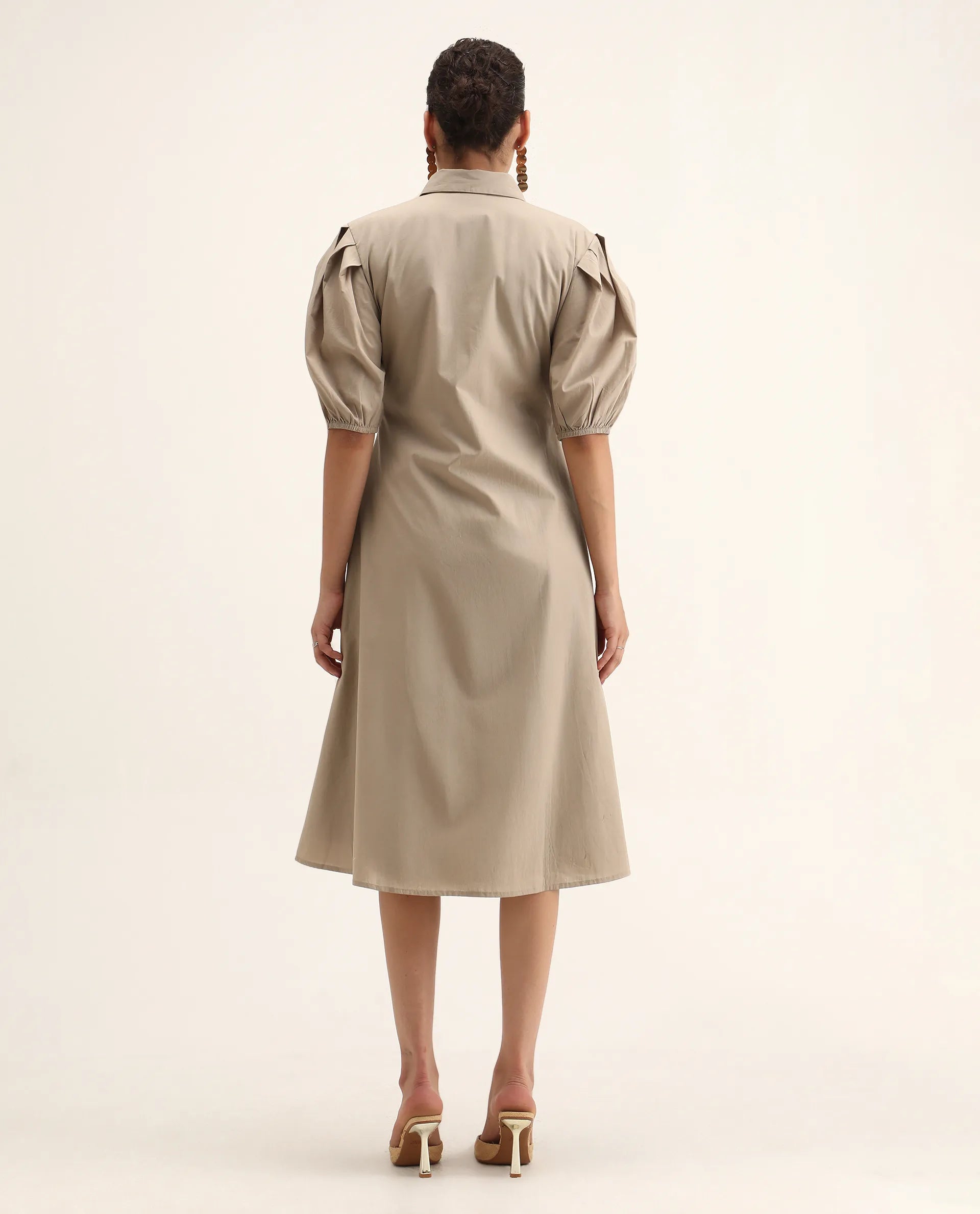 Rareism Women's Jembo Beige Cotton Collared Neck A-Line Geometric Print Midi Dress