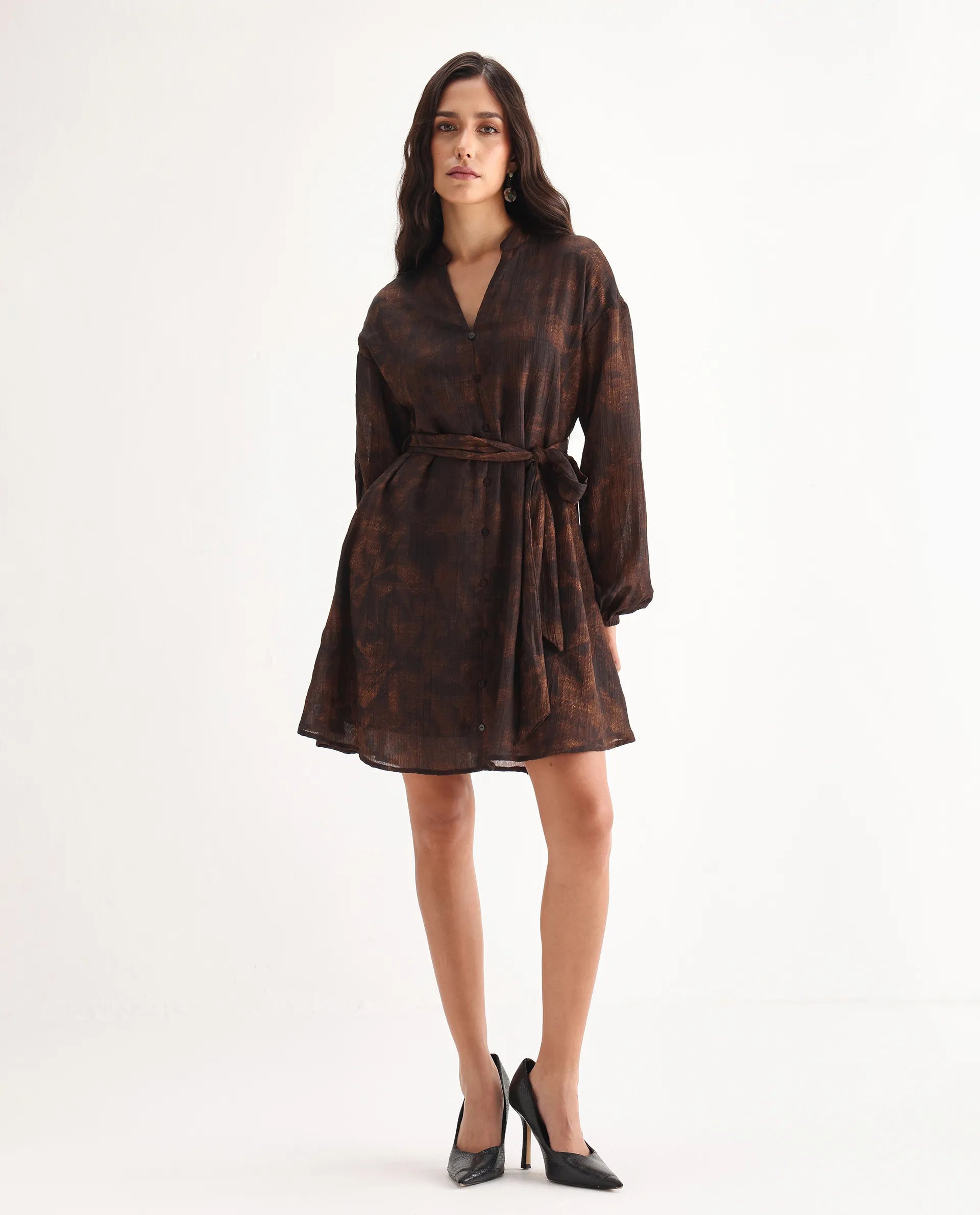 Rareism Women's Jemti Brown Polyester Mandarin Collar Flared Printed Dress