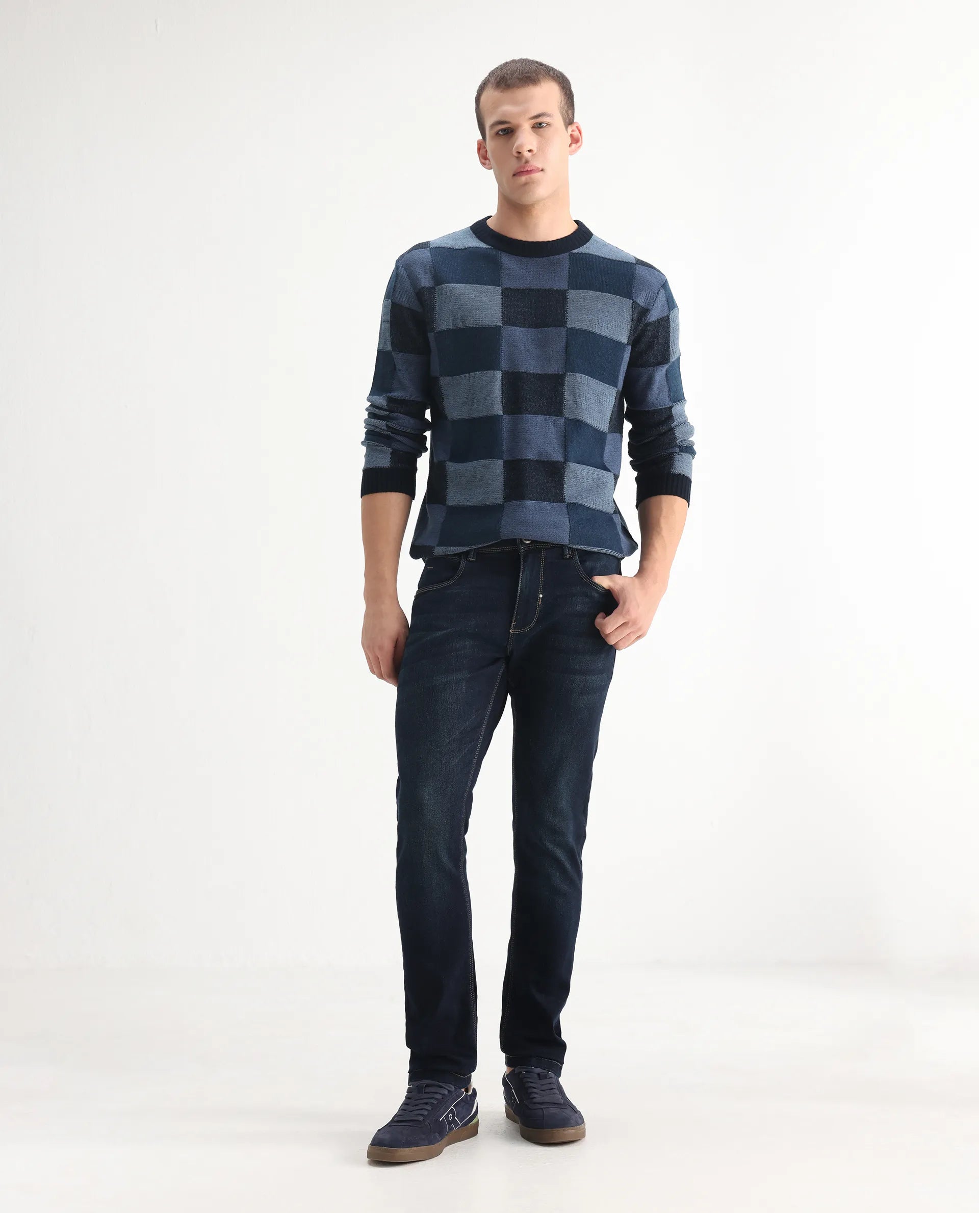 Rare Rabbit Men's Jena Dusky Blue Cotton Blend Plain Hawk Slim Fit Jeans