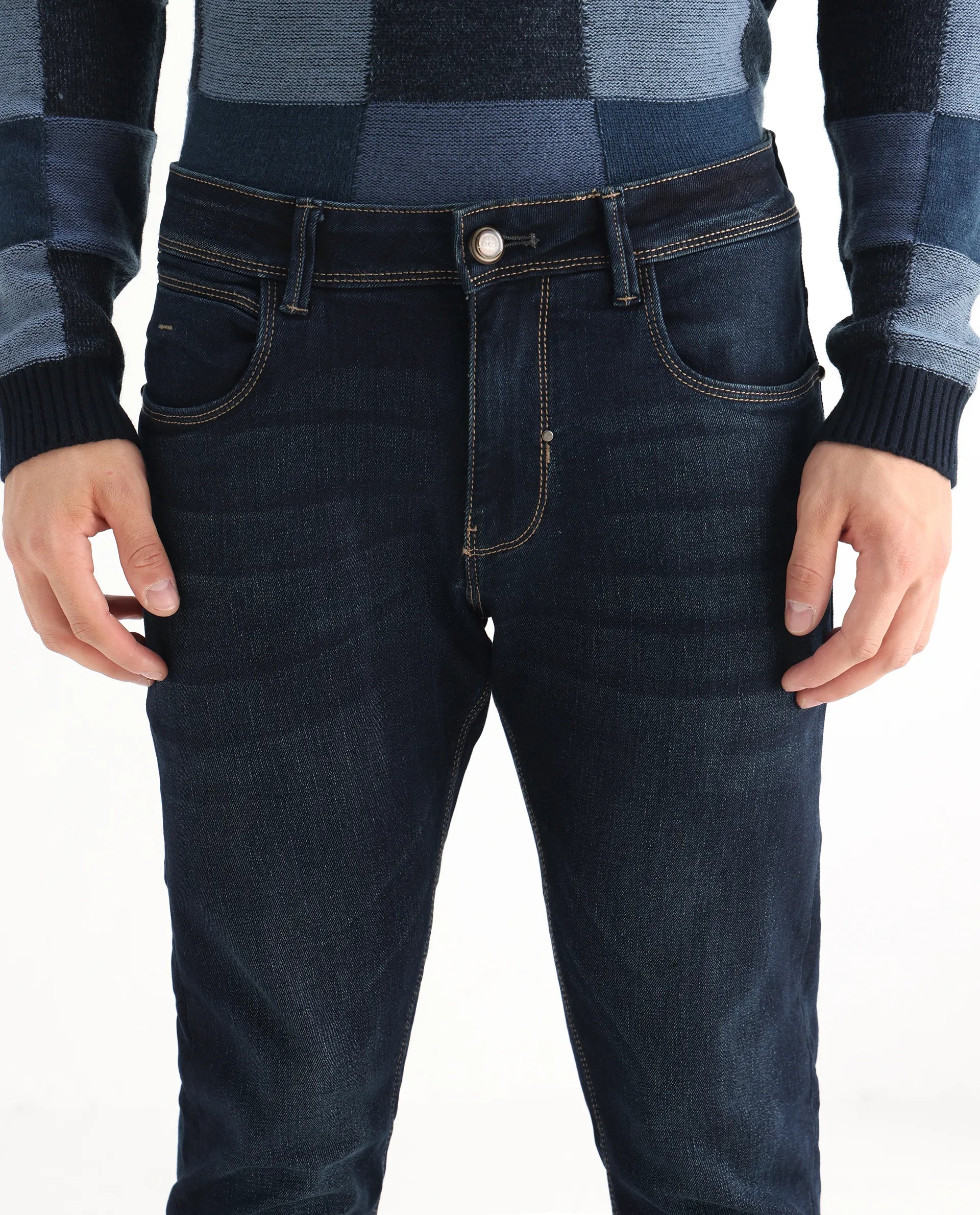 Rare Rabbit Men's Jena Dusky Blue Cotton Blend Plain Hawk Slim Fit Jeans