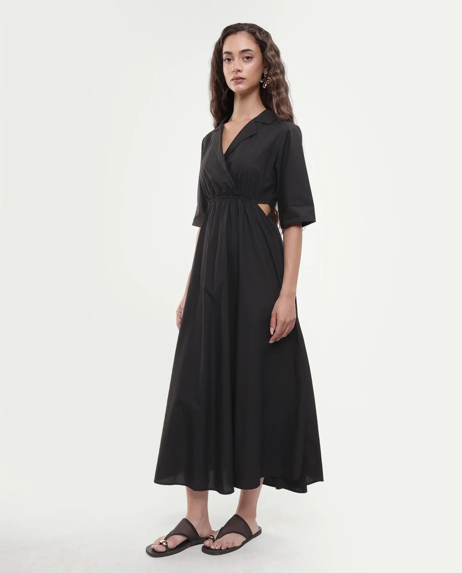 Rareism Women's Jenbo Black Cotton Lapel Neck A-Line Plain Dress