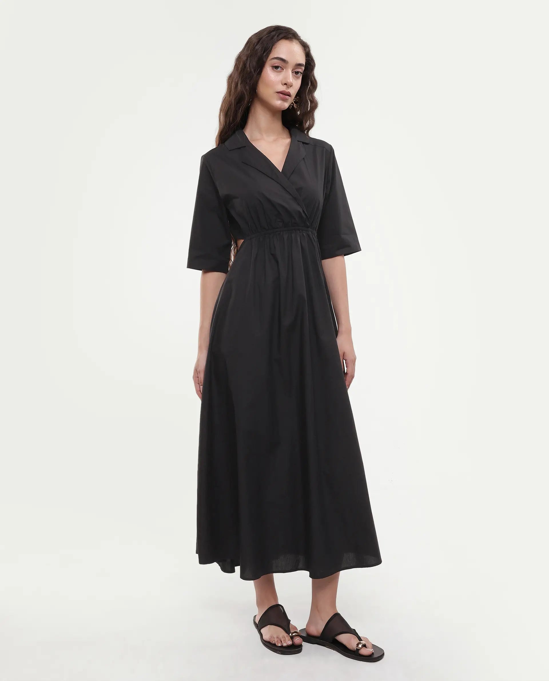 Rareism Women's Jenbo Black Cotton Lapel Neck A-Line Plain Dress