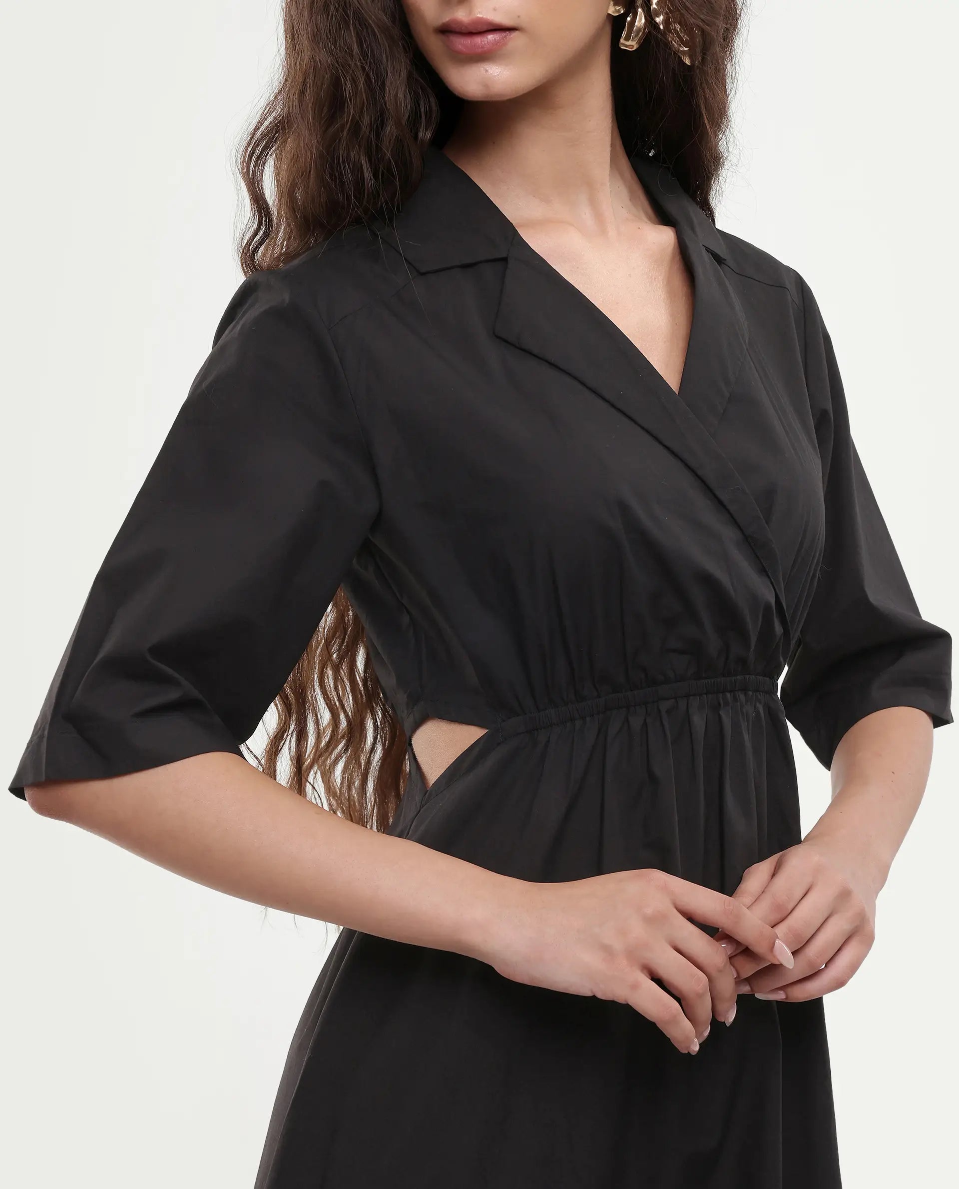 Rareism Women's Jenbo Black Cotton Lapel Neck A-Line Plain Dress