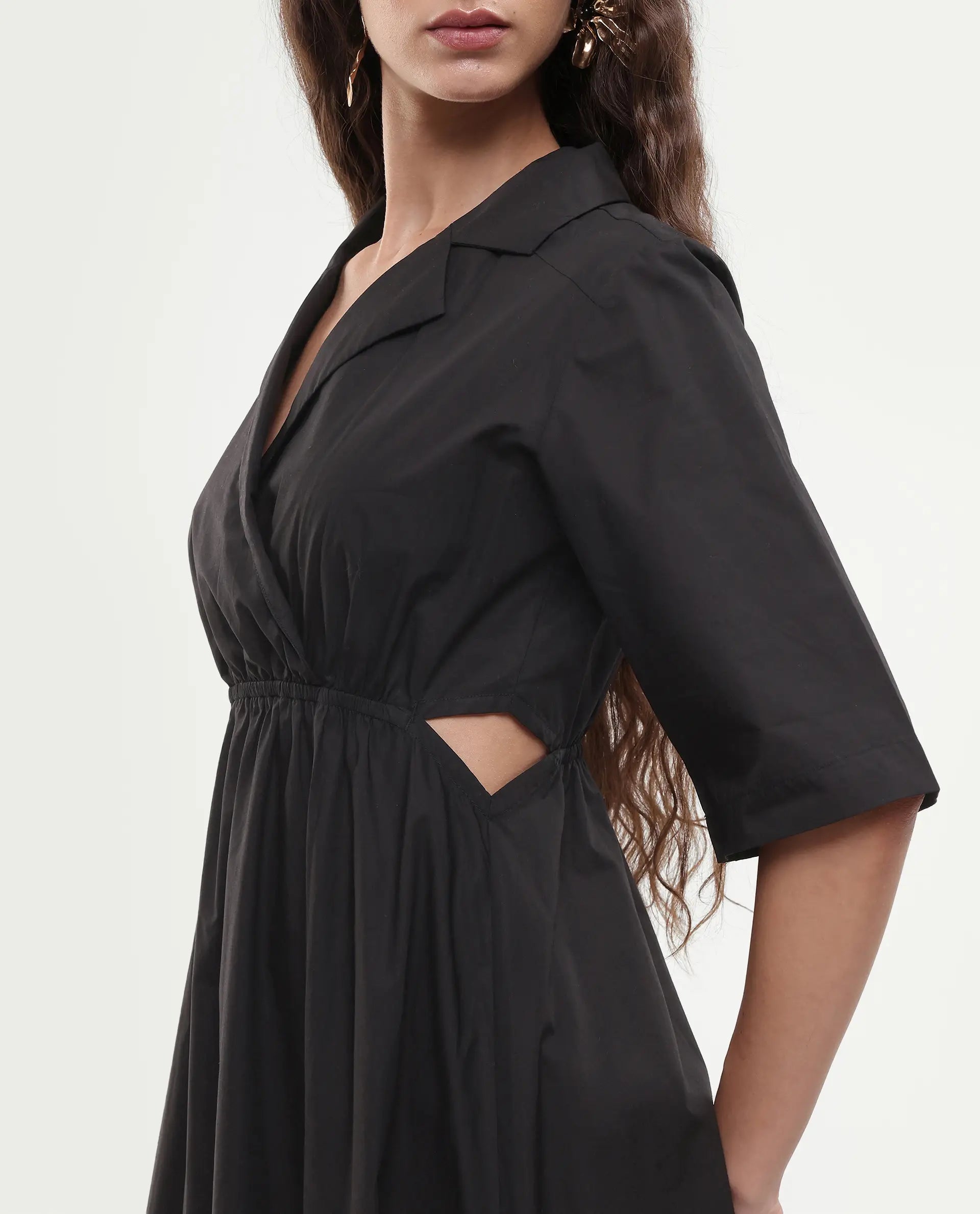 Rareism Women's Jenbo Black Cotton Lapel Neck A-Line Plain Dress