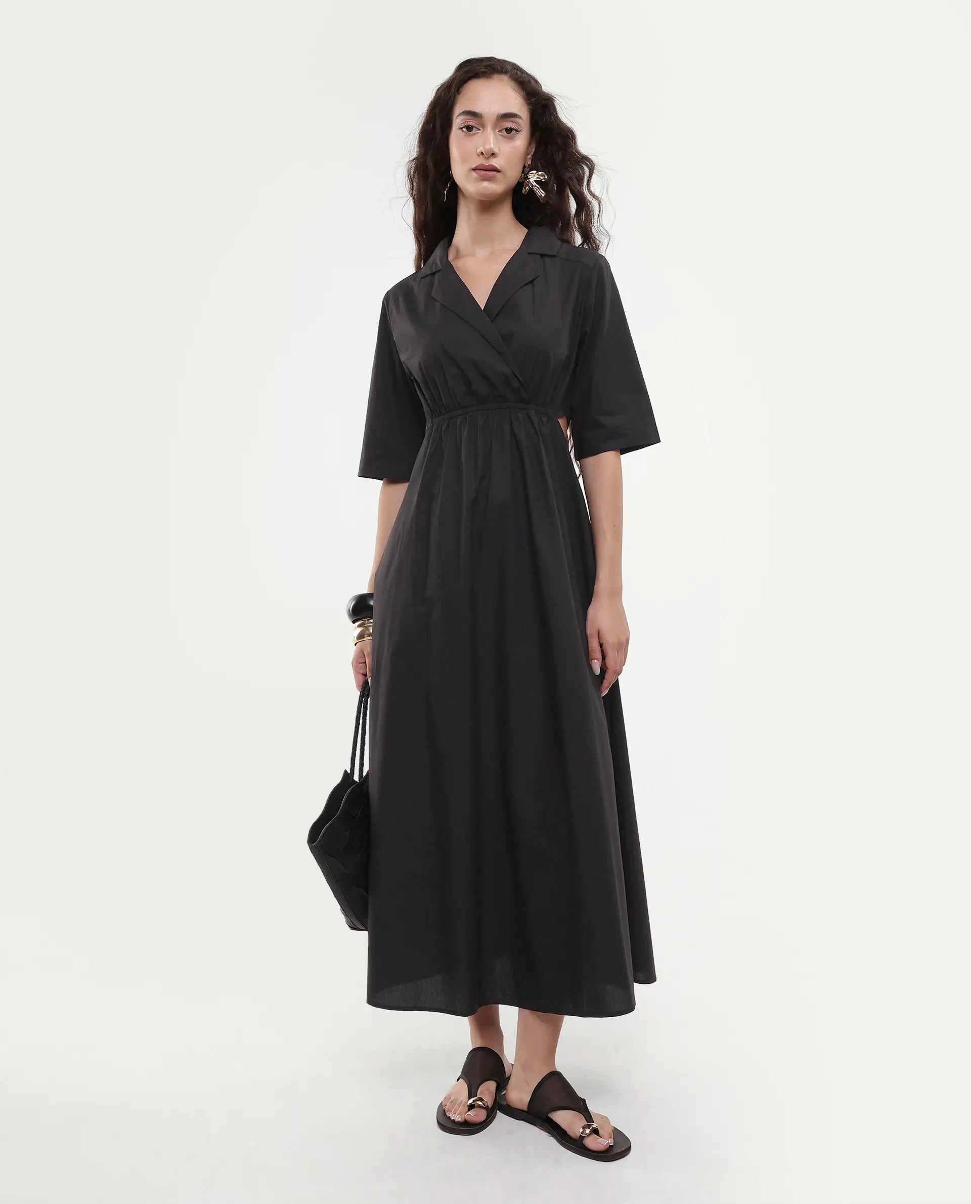 Rareism Women's Jenbo Black Cotton Lapel Neck A-Line Plain Dress