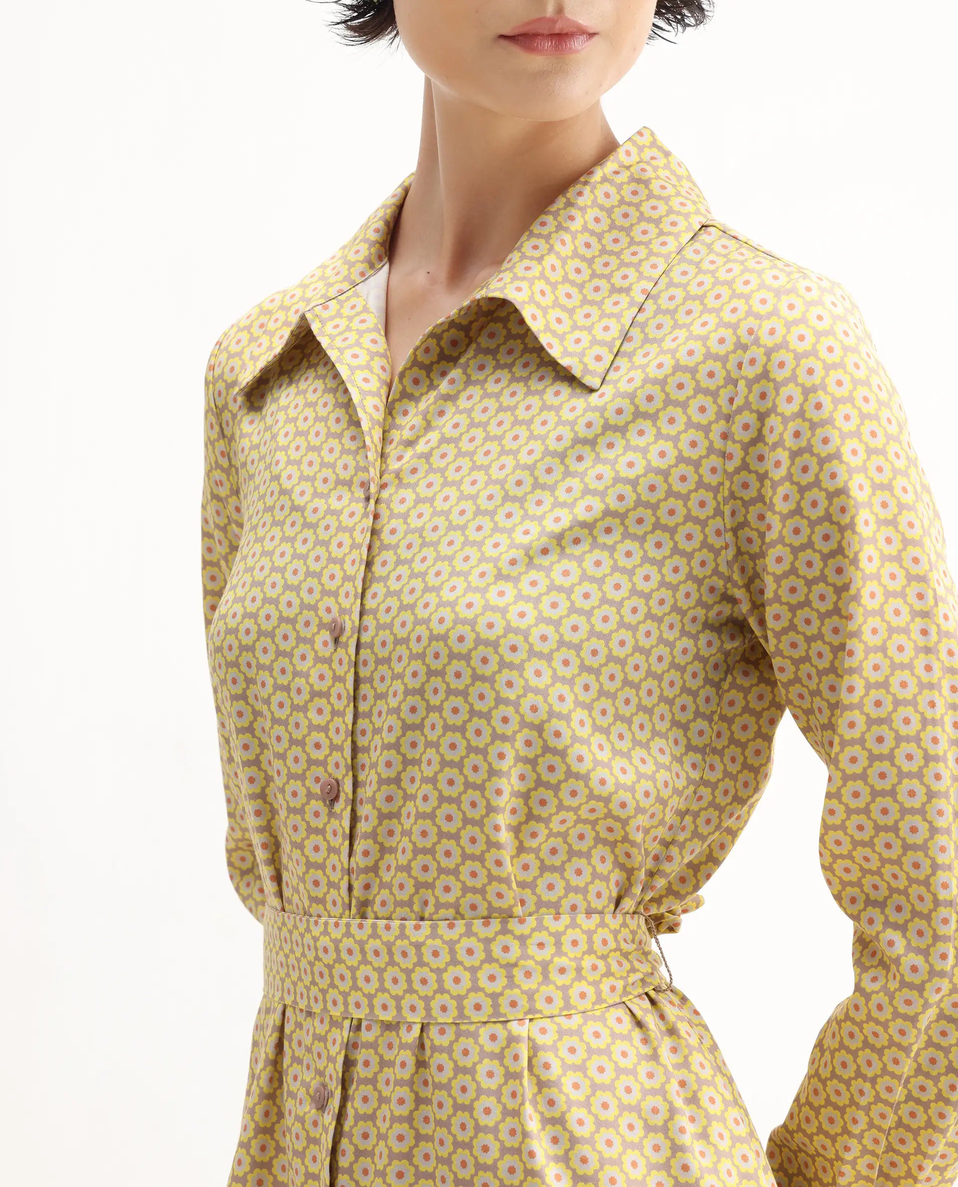 Rareism Women's Jenby Yellow Cotton Collared Neck Straight Fit Midi Dress