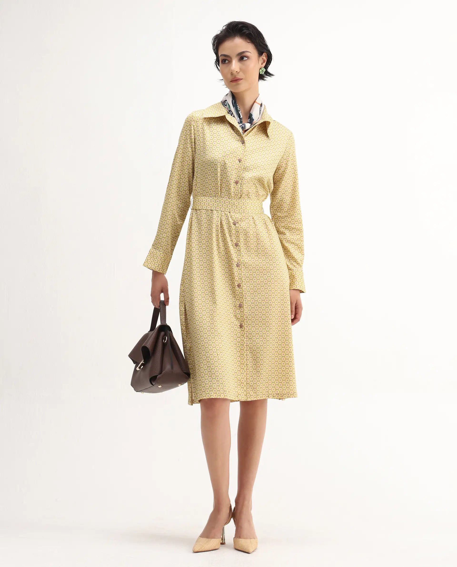 Rareism Women's Jenby Yellow Cotton Collared Neck Straight Fit Midi Dress