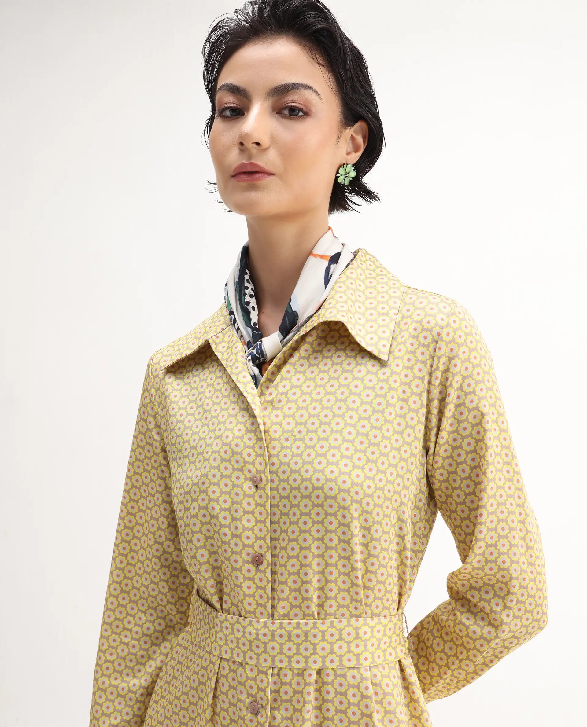 Rareism Women's Jenby Yellow Cotton Collared Neck Straight Fit Midi Dress