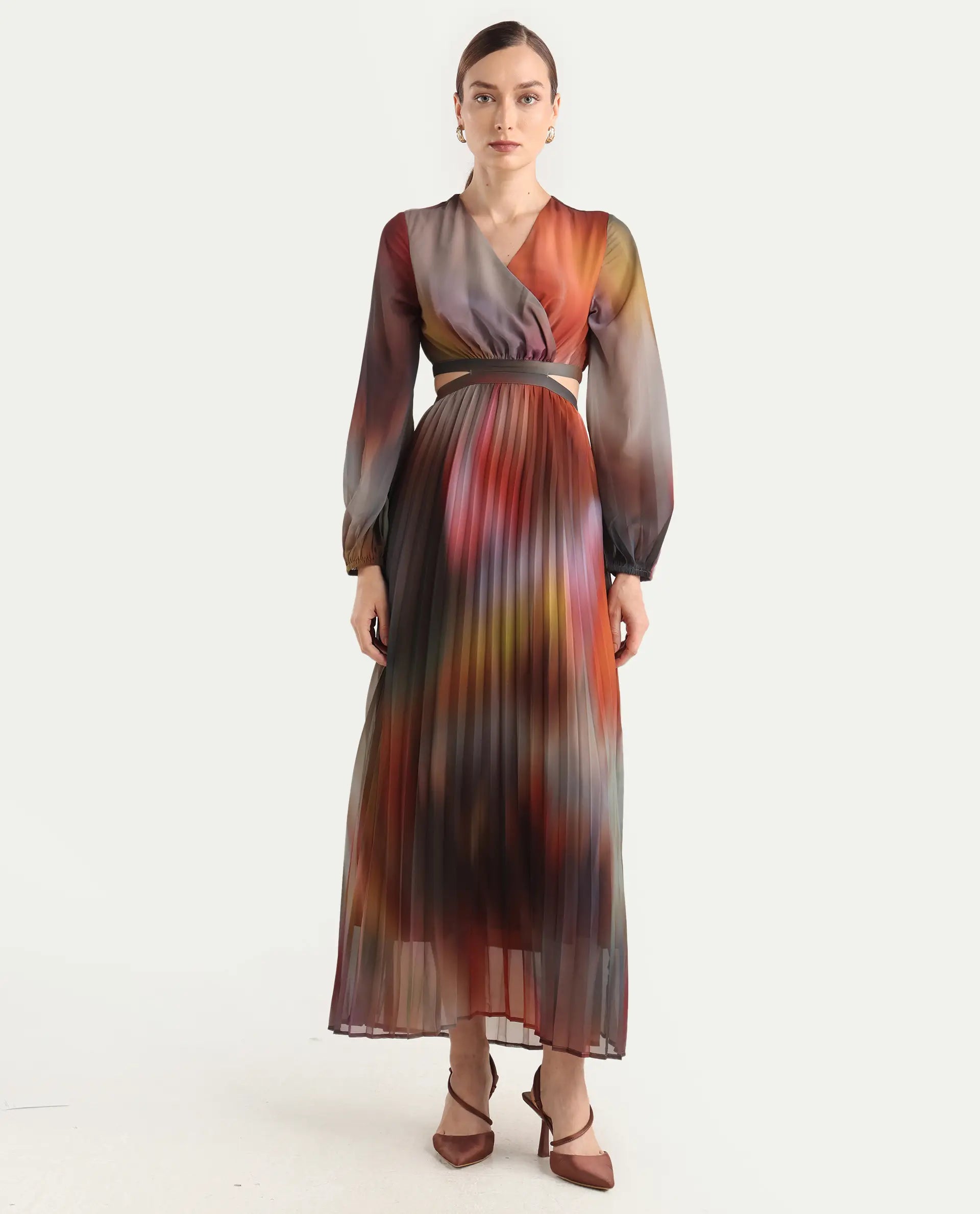 Rareism Women Jencos Multi Round Neck Pull On Flared Maxi Printed Dress