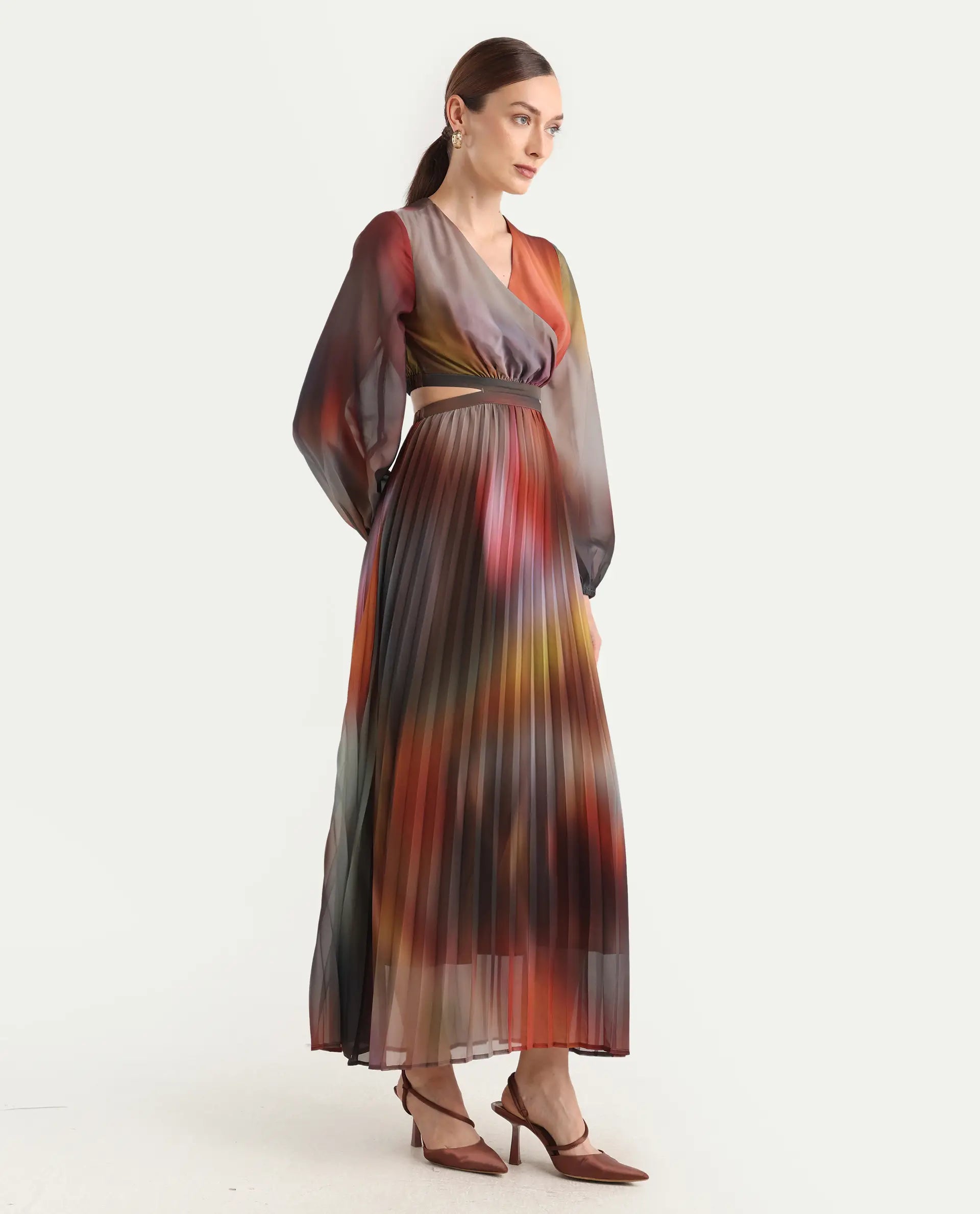 Rareism Women Jencos Multi Round Neck Pull On Flared Maxi Printed Dress