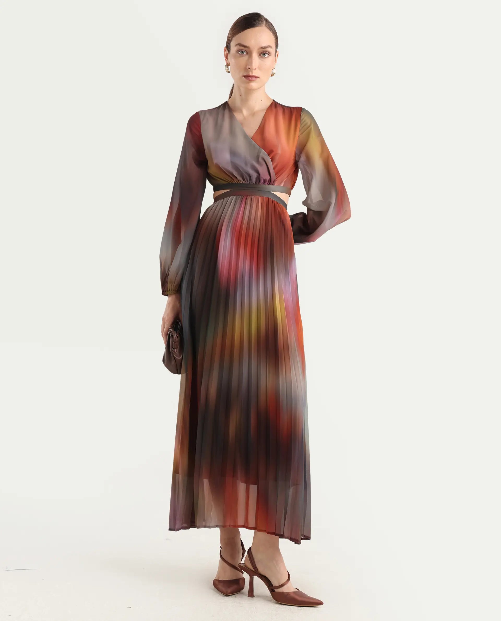 Rareism Women Jencos Multi Round Neck Pull On Flared Maxi Printed Dress