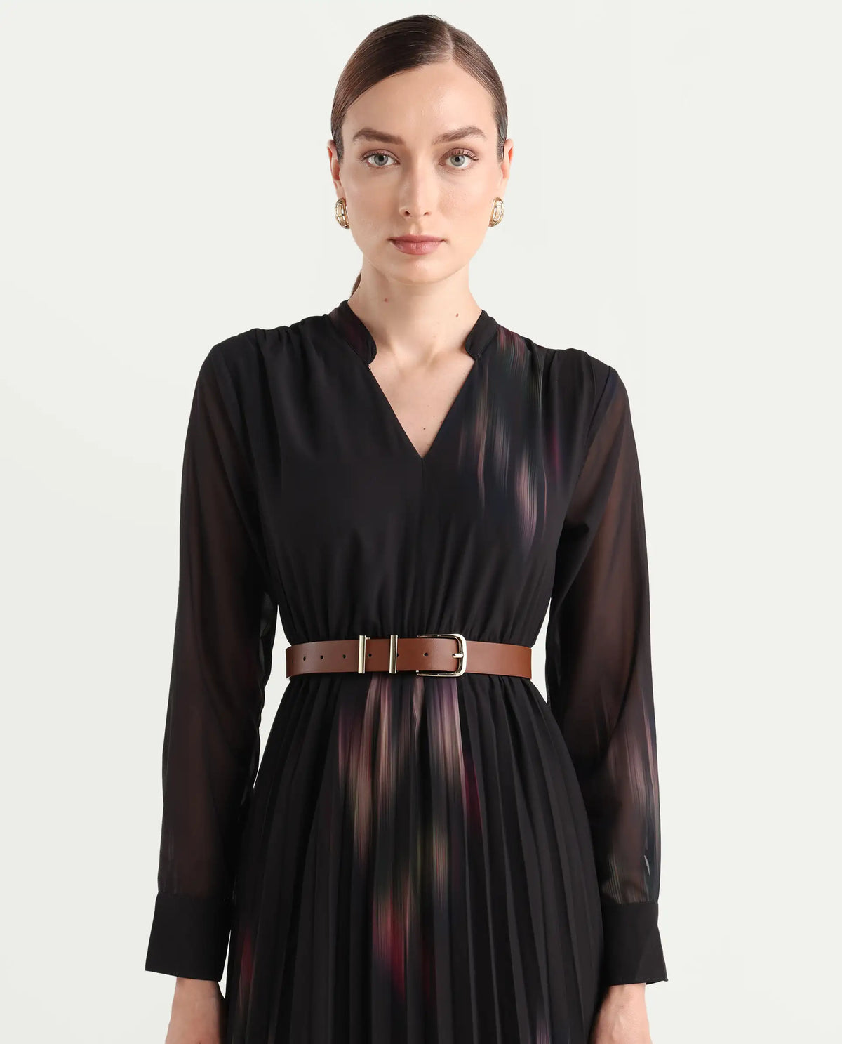 Rareism Women Jencoso Black Cuffed Sleeve V-Neck Flared Maxi Printed Dress