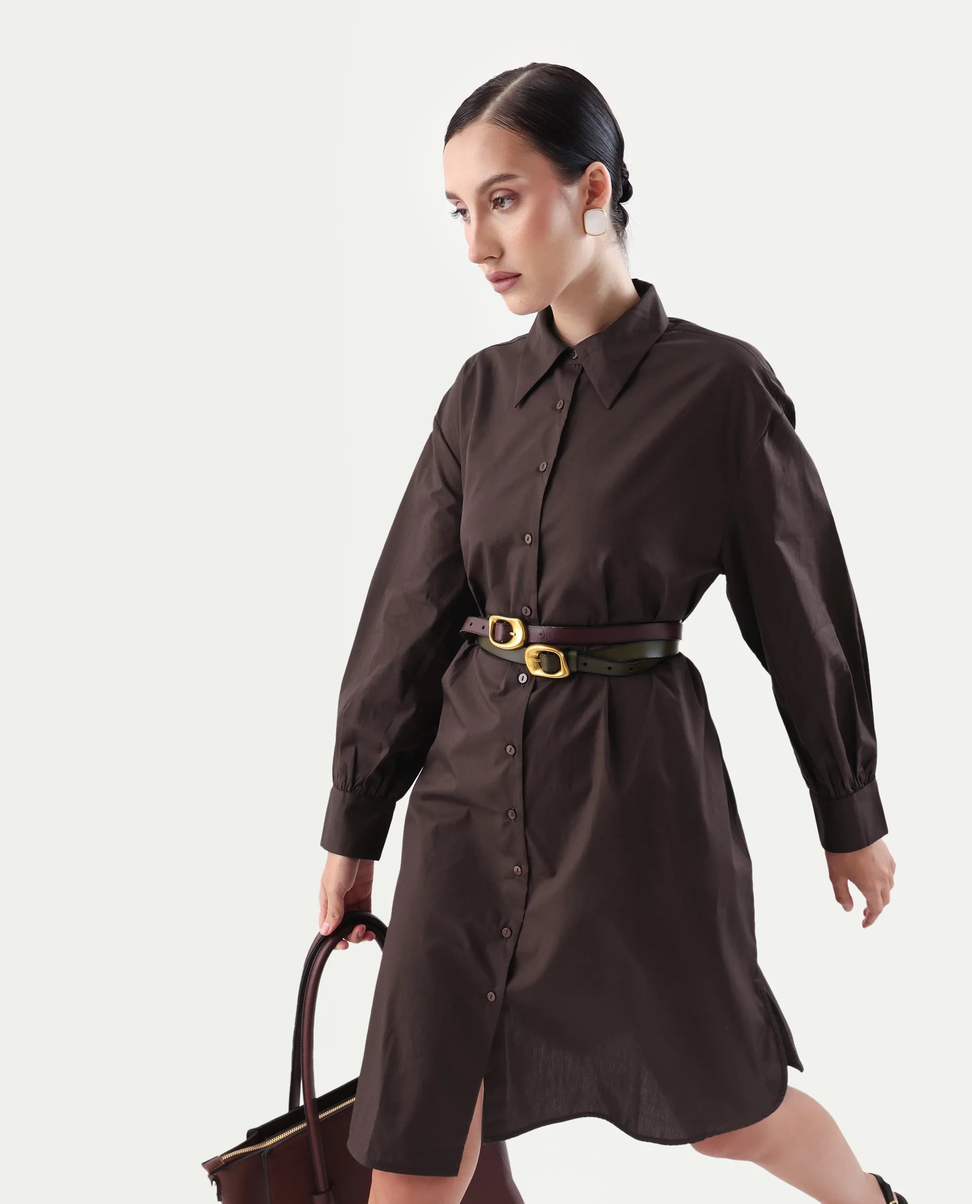 Rareism Women's Jencot Brown Cotton Collared Neck A-Line Plain Dress