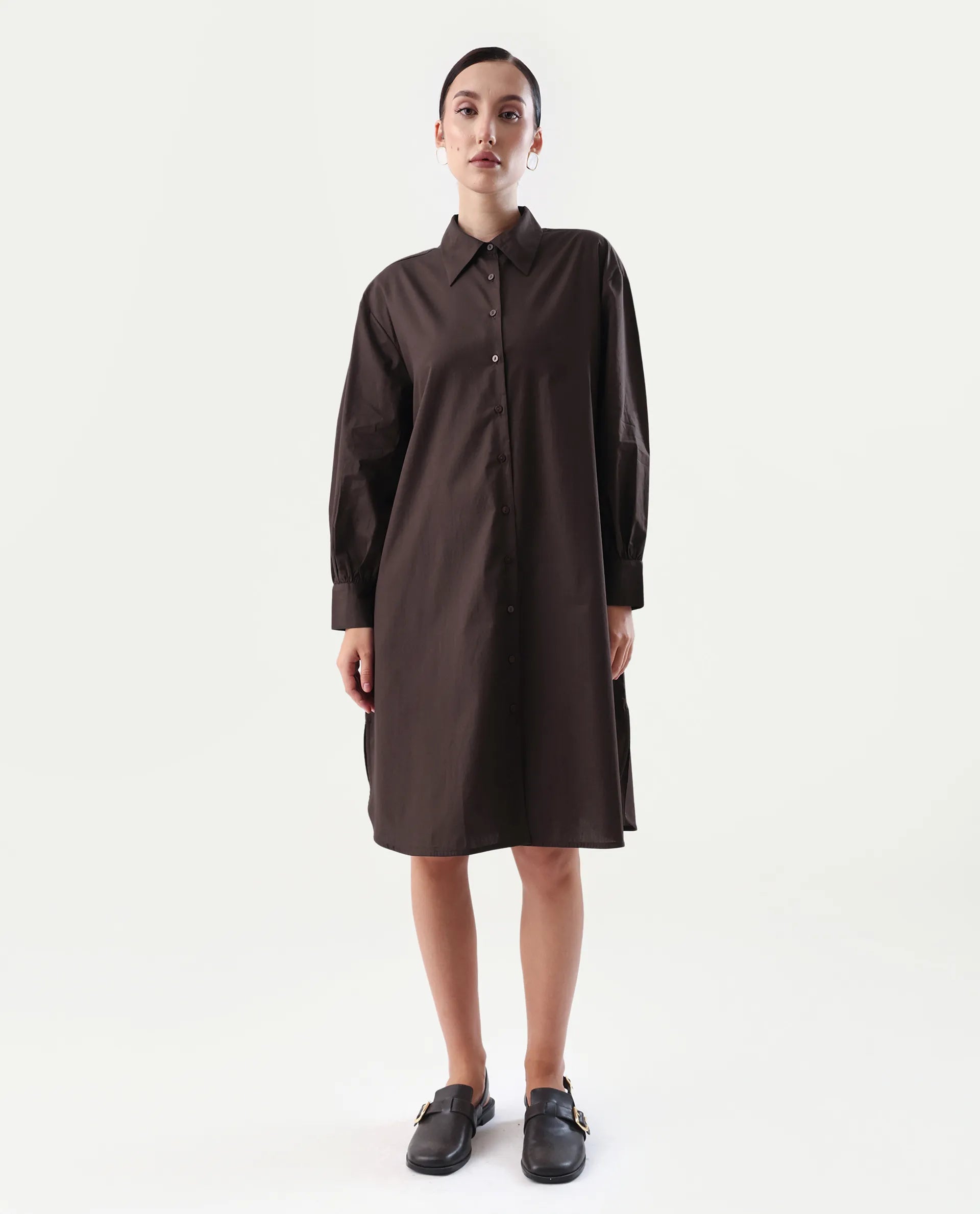 Rareism Women's Jencot Brown Cotton Collared Neck A-Line Plain Dress