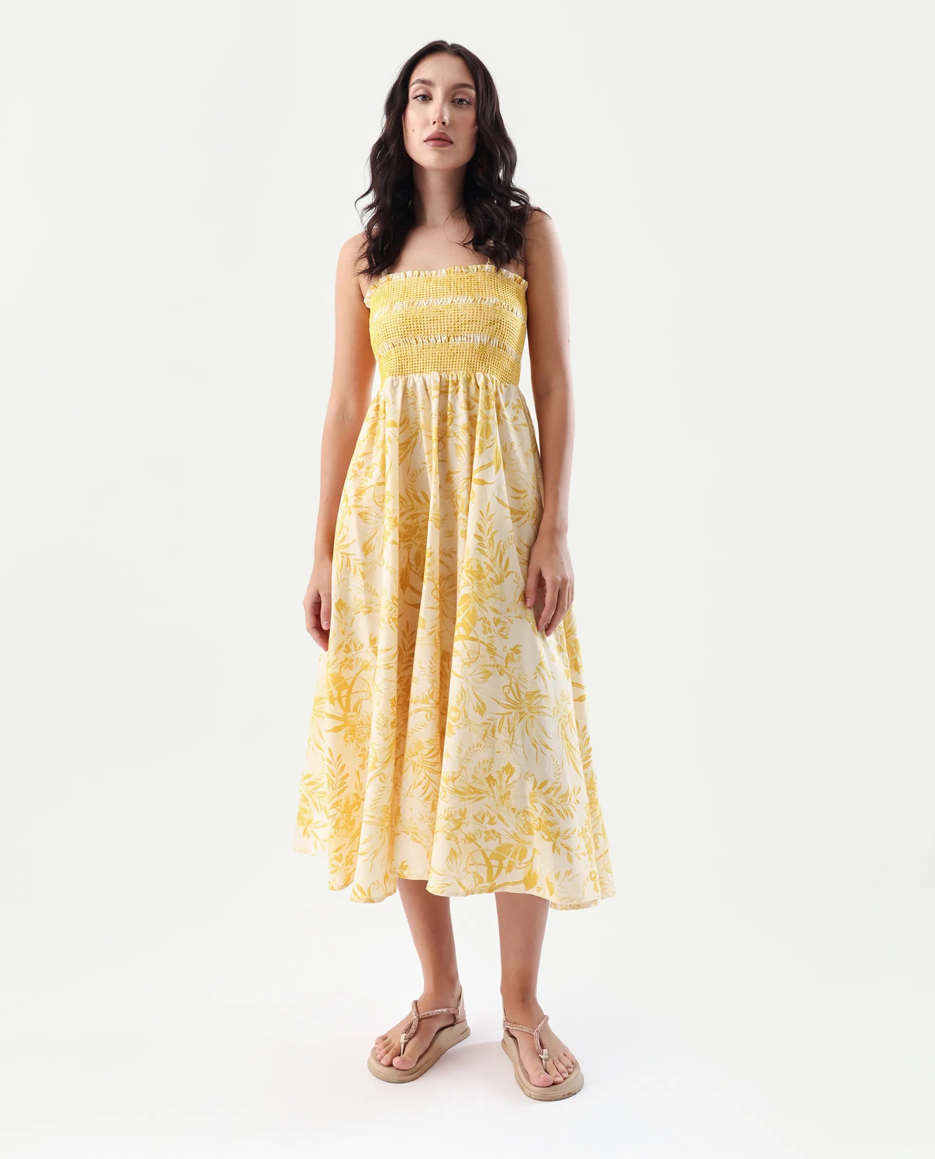 Rareism Women's Jendim Beige Cotton Tube Neck Fit And Flare Printed Midi Dress