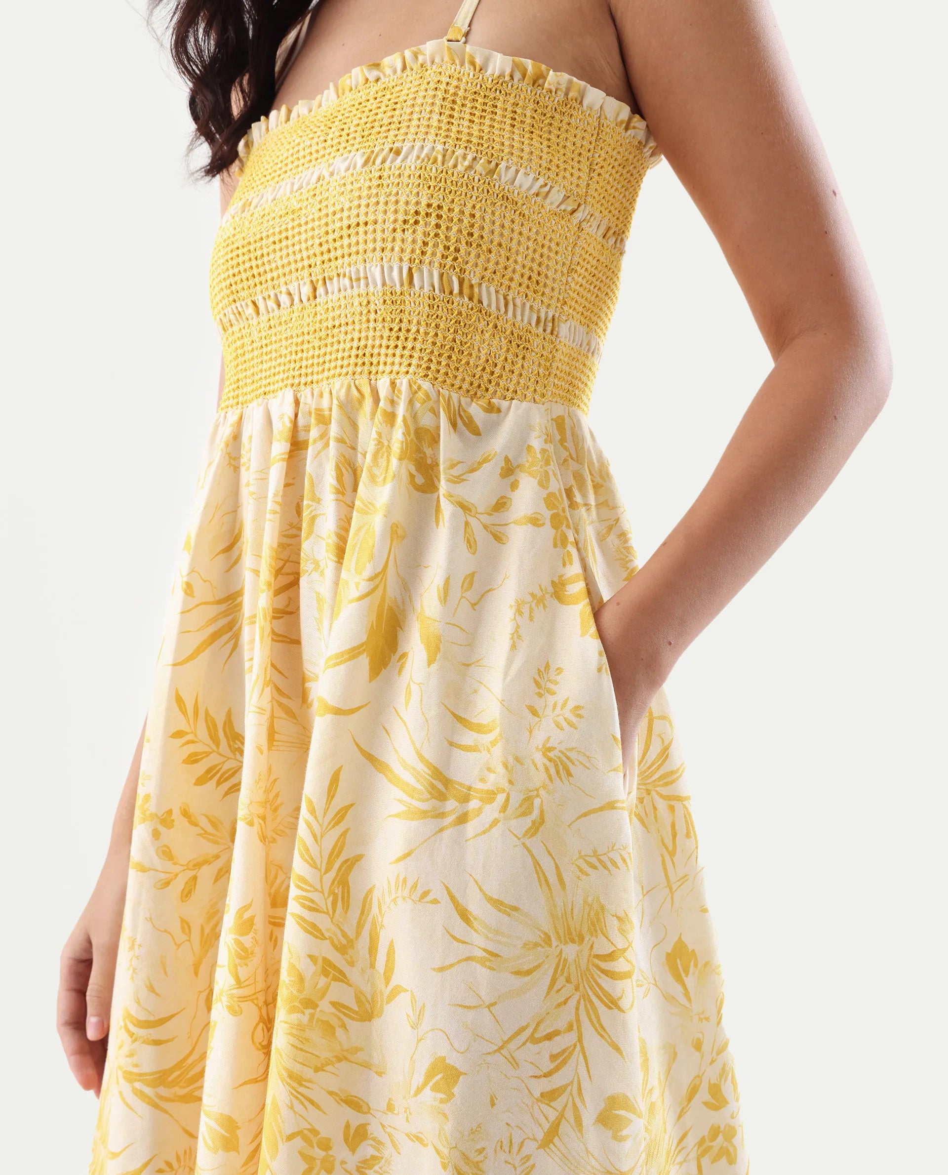 Rareism Women's Jendim Beige Cotton Tube Neck Fit And Flare Printed Midi Dress