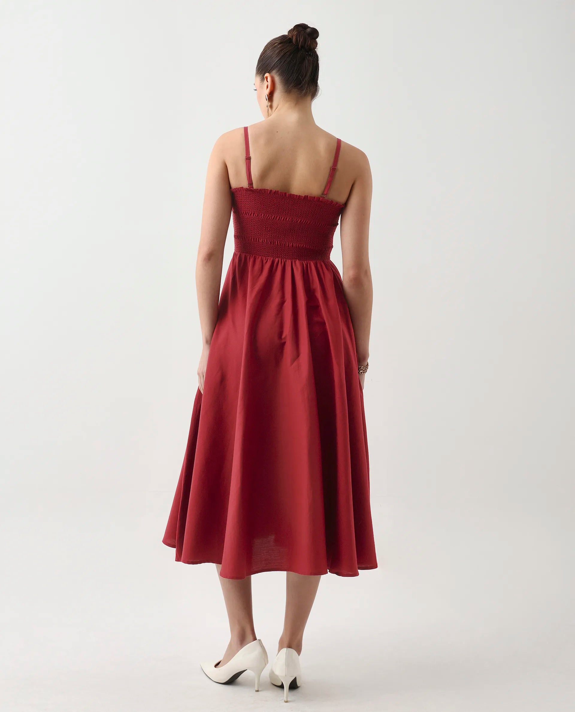 Rareism Women's Jendimo Dark Red Cotton Blend Sleeveless Tube Neck Fit And Flare Fit Plain Midi Dress