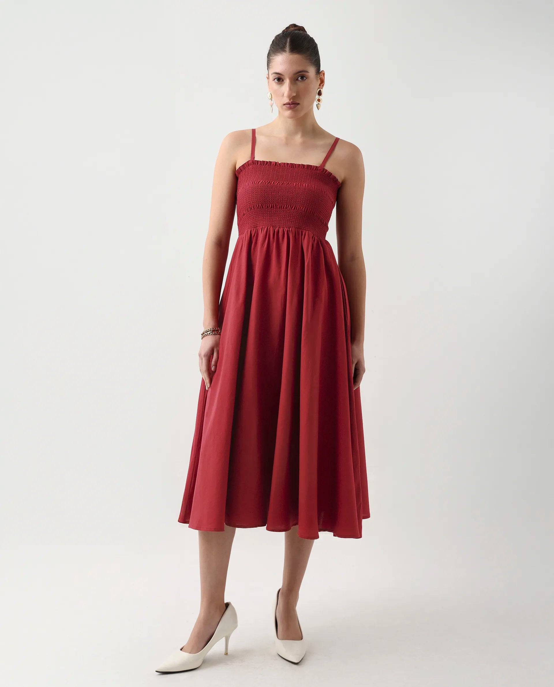 Rareism Women's Jendimo Dark Red Cotton Blend Sleeveless Tube Neck Fit And Flare Fit Plain Midi Dress