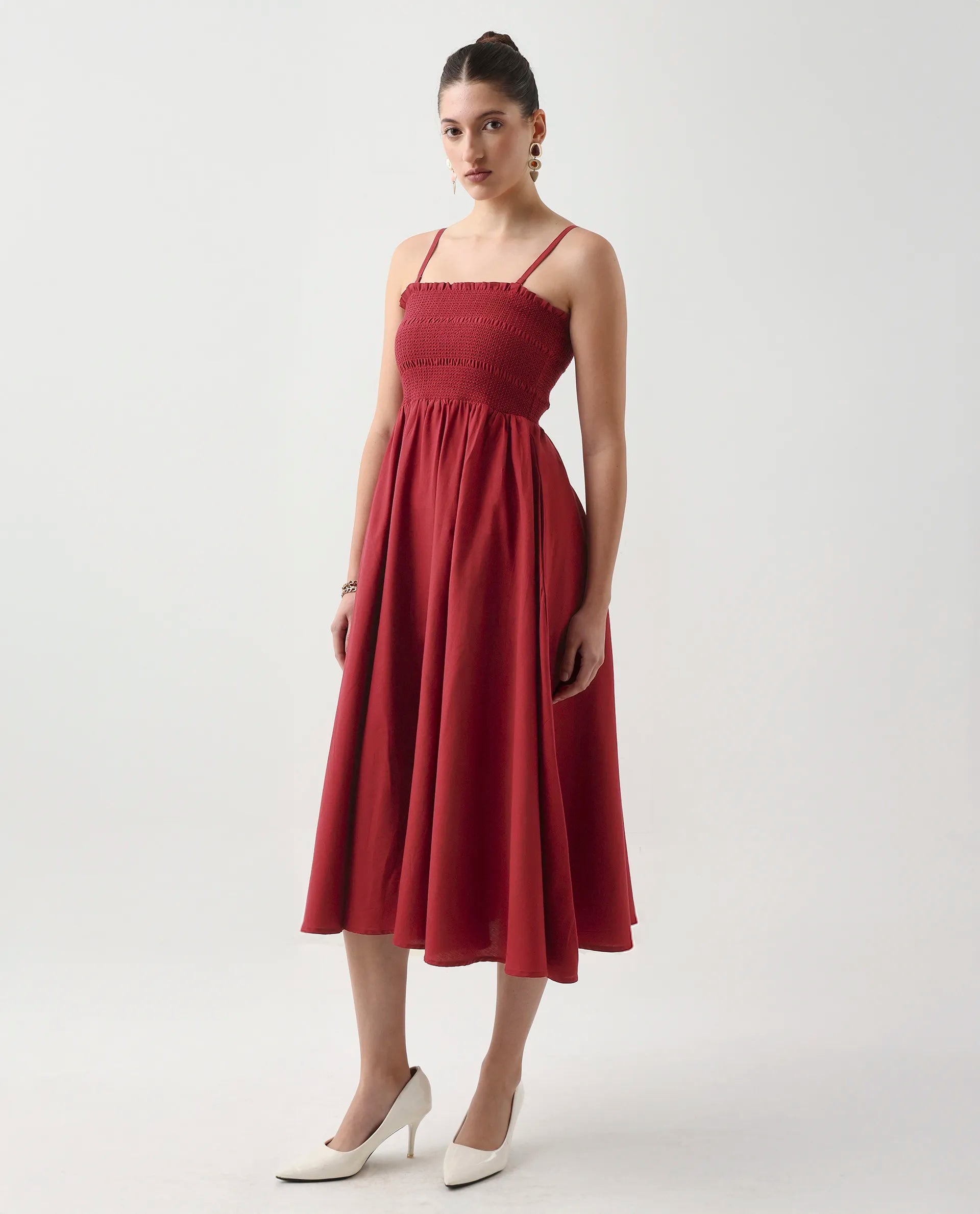 Rareism Women's Jendimo Dark Red Cotton Blend Sleeveless Tube Neck Fit And Flare Fit Plain Midi Dress