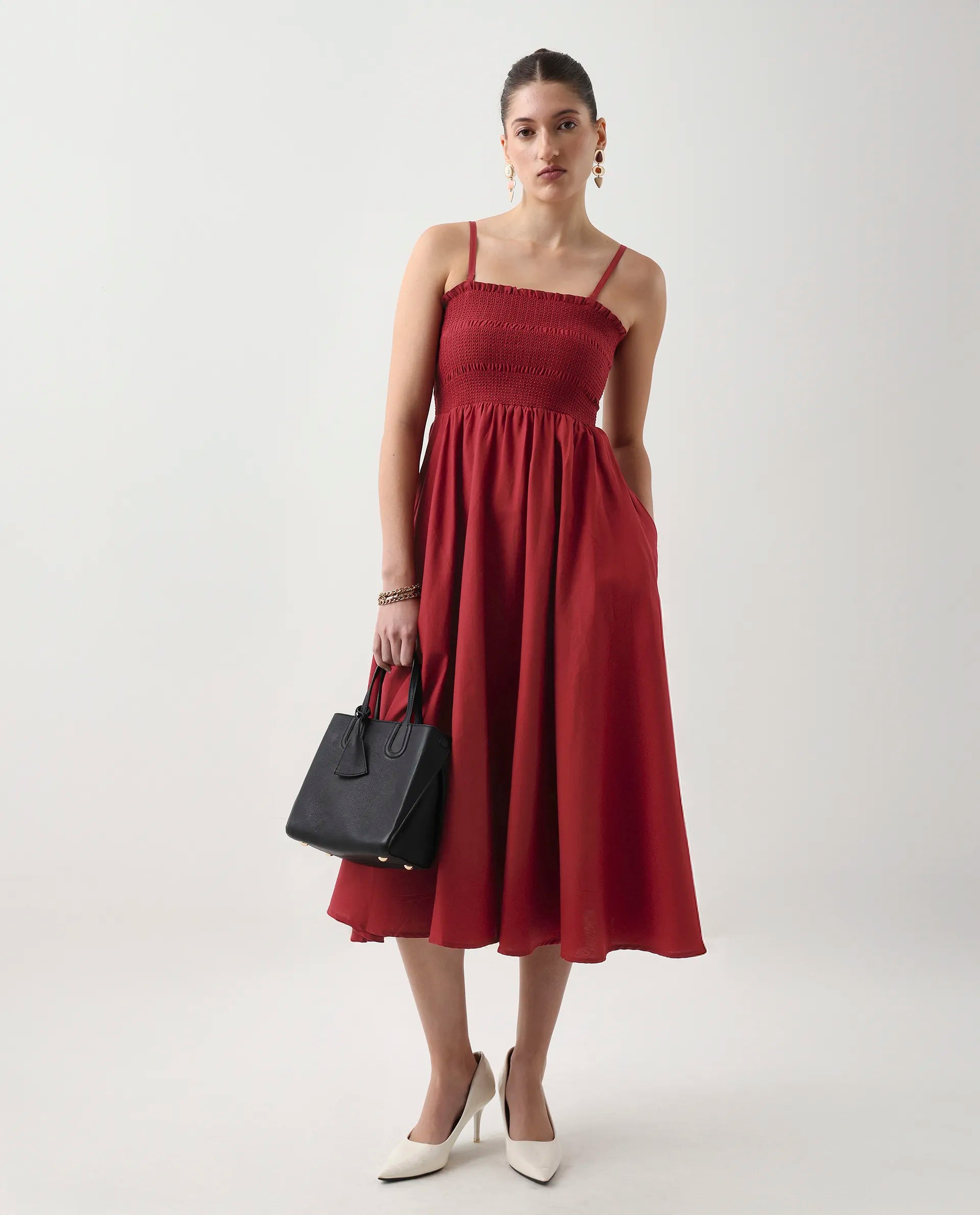 Rareism Women's Jendimo Dark Red Cotton Blend Sleeveless Tube Neck Fit And Flare Fit Plain Midi Dress