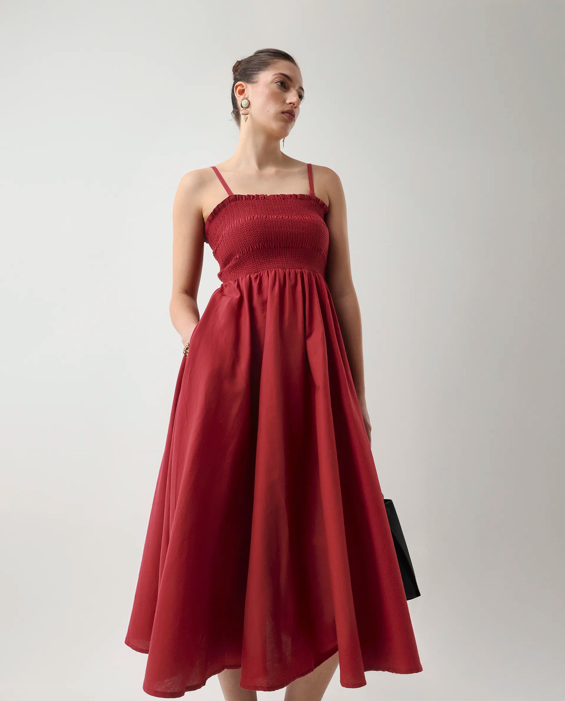 Rareism Women's Jendimo Dark Red Cotton Blend Sleeveless Tube Neck Fit And Flare Fit Plain Midi Dress