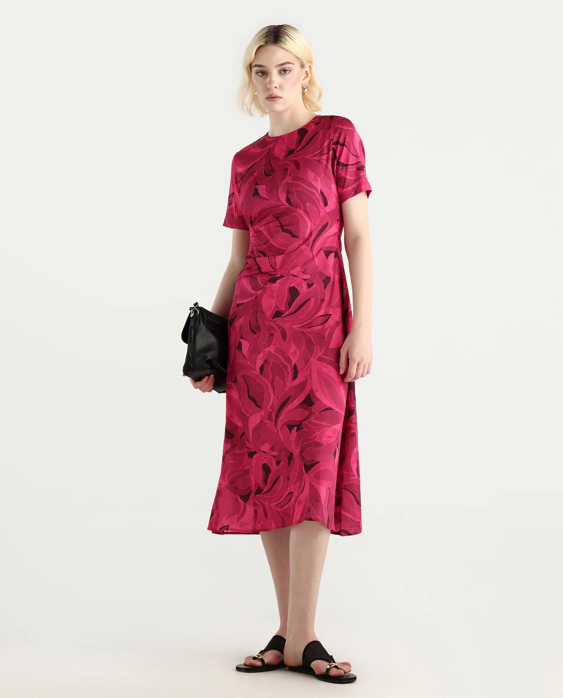 Rareism Women's Jendrop Dark Pink Cotton Fabric High Neck Straight Fit Midi Dress