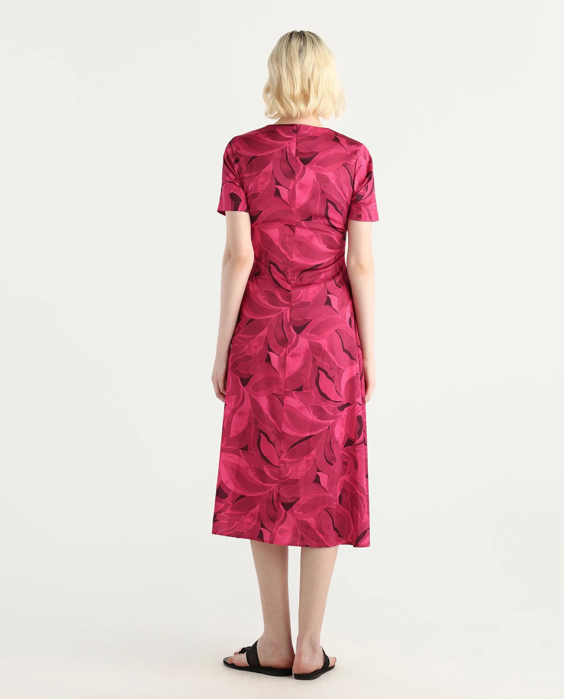 Rareism Women's Jendrop Dark Pink Cotton Fabric High Neck Straight Fit Midi Dress