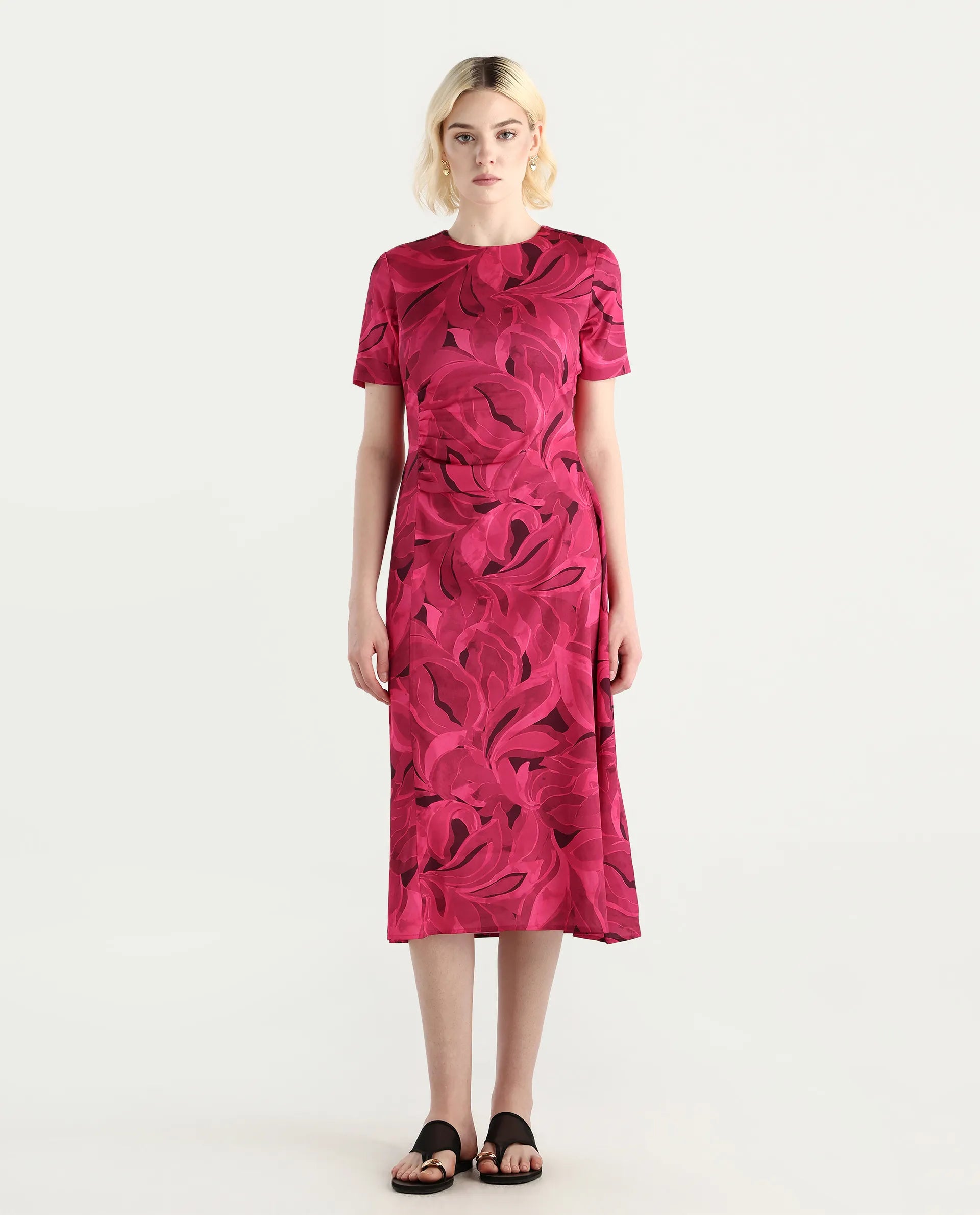 Rareism Women's Jendrop Dark Pink Cotton Fabric High Neck Straight Fit Midi Dress