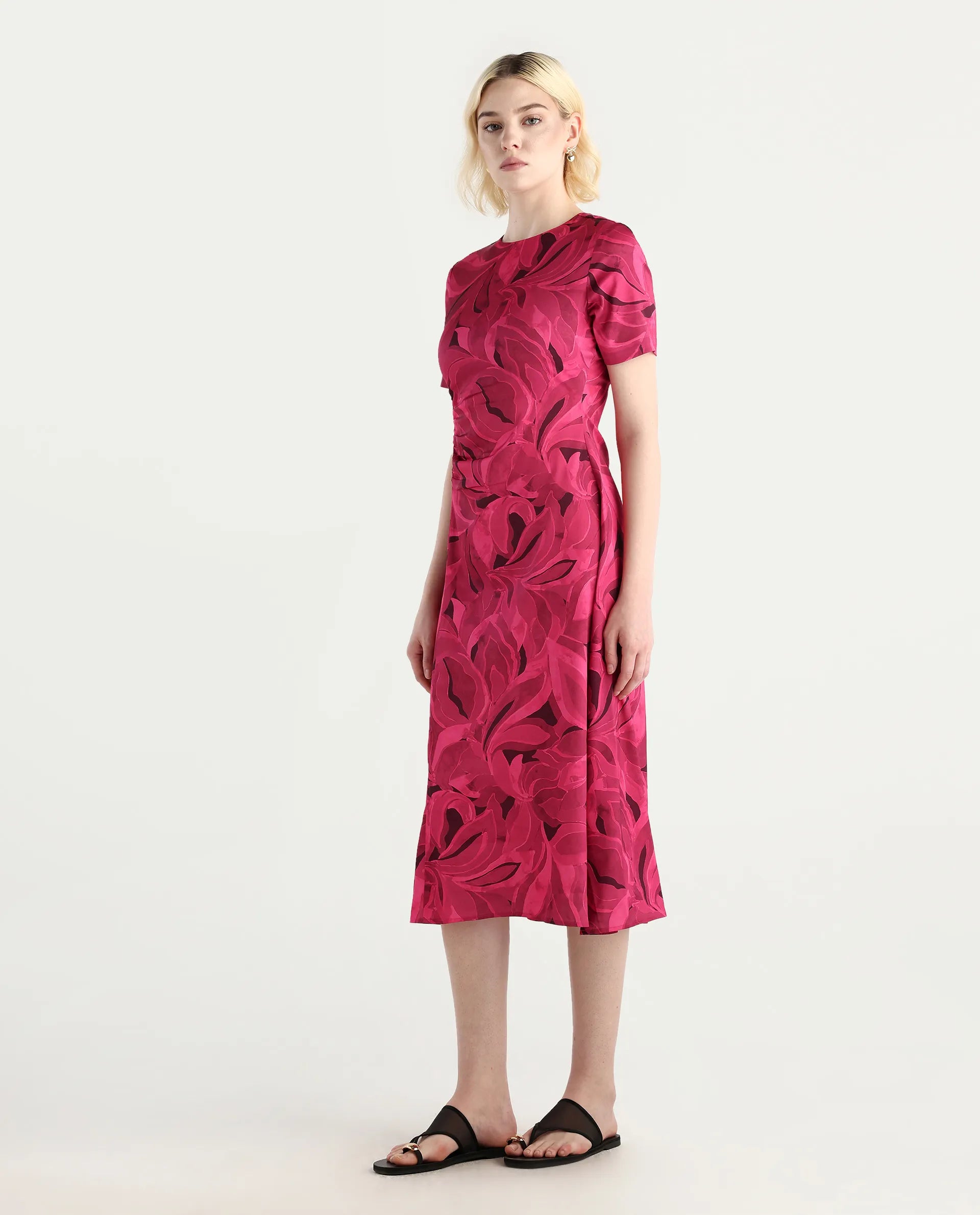 Rareism Women's Jendrop Dark Pink Cotton Fabric High Neck Straight Fit Midi Dress