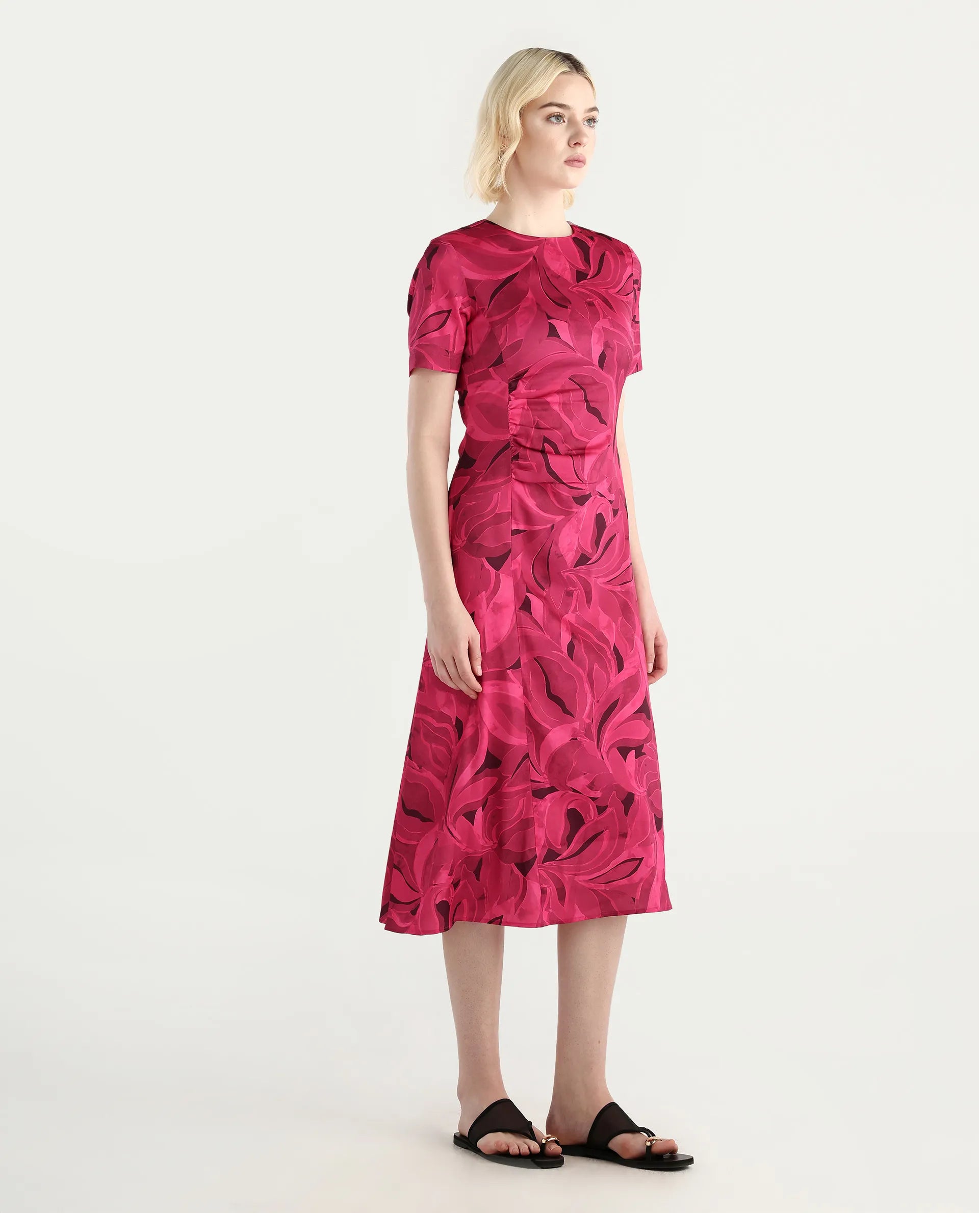 Rareism Women's Jendrop Dark Pink Cotton Fabric High Neck Straight Fit Midi Dress