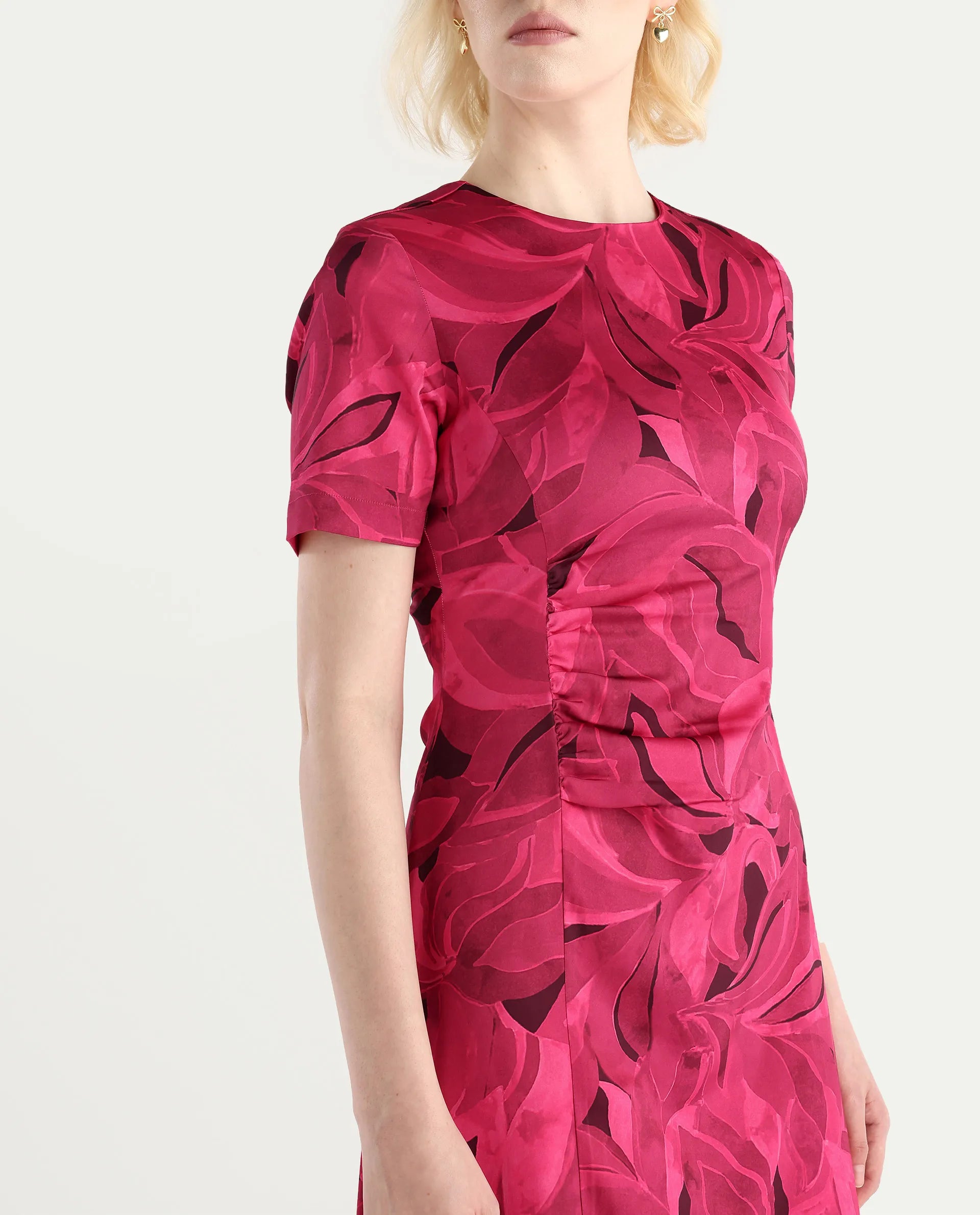 Rareism Women's Jendrop Dark Pink Cotton Fabric High Neck Straight Fit Midi Dress