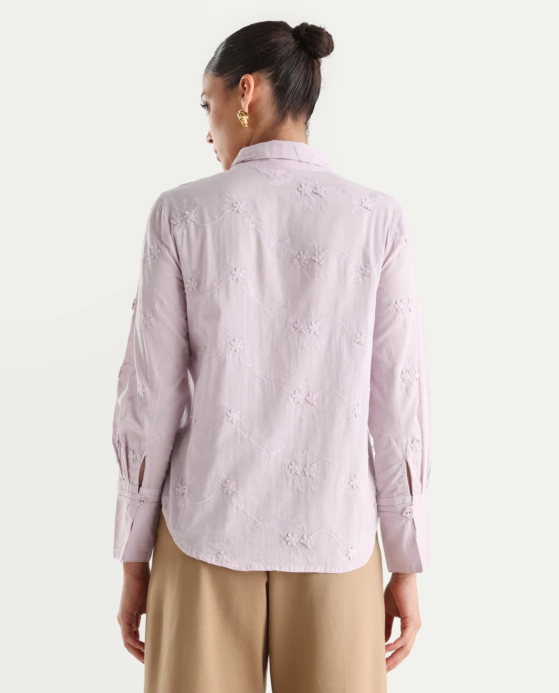 Rareism Women's Jeneiro Pastel Purple Cotton Tie-Up Neck Plain Cuffed Sleeve Regular Fit Shirt