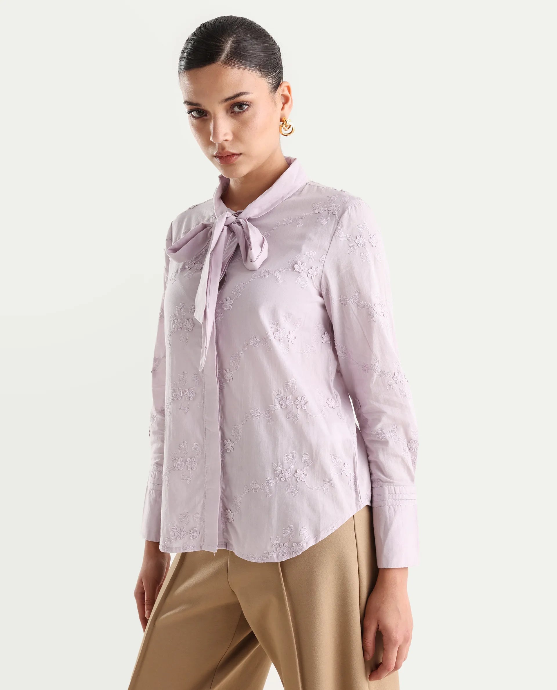 Rareism Women's Jeneiro Pastel Purple Cotton Tie-Up Neck Plain Cuffed Sleeve Regular Fit Shirt