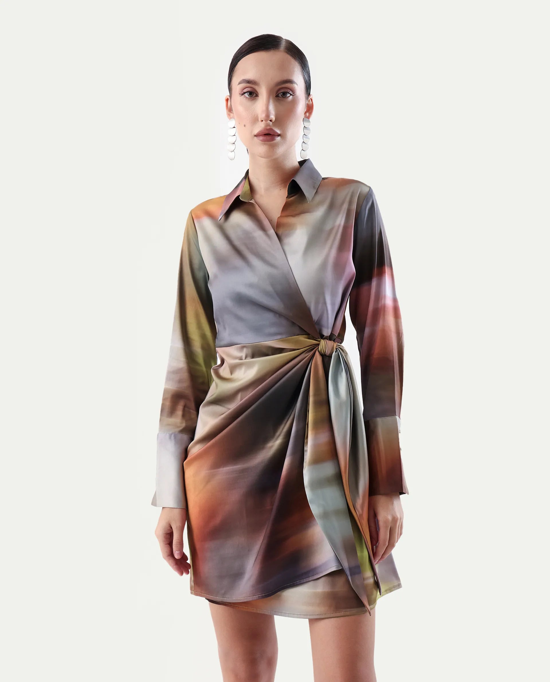 Rareism Women's Jengo Multi Polyester Johnny Collar Straight Fit Dress